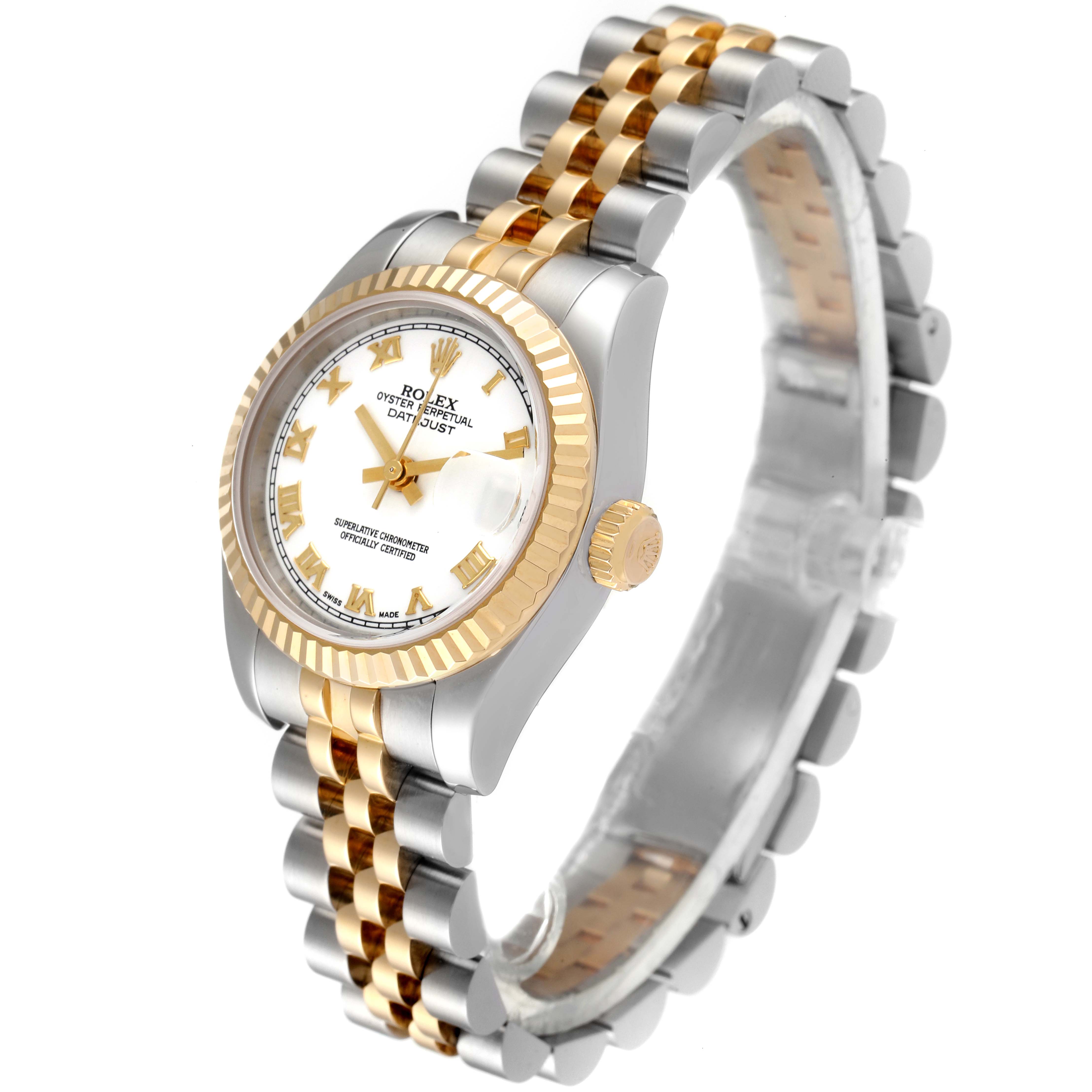 The image shows a Rolex Datejust 179173 Women's Steel and Gold (two tone) White Dial 179173 Women's Steel and Gold (two tone) White Dial watch from a three-quarter side angle, displaying the dial, bezel, crown, and bracelet.