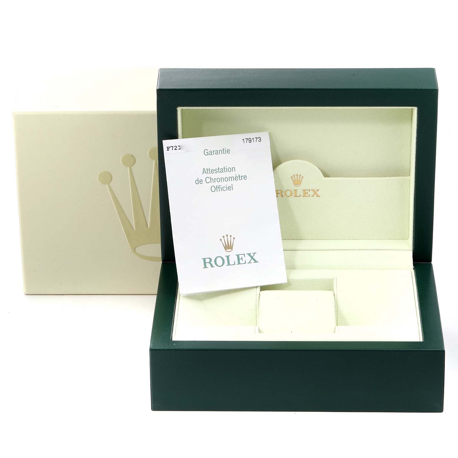 The image shows the open green box and guarantee card for a Rolex Datejust 179173 Women's Steel and Gold (two tone) White Dial 179173 Women's Steel and Gold (two tone) White Dial model, with the box lid open and the card leaning inside.