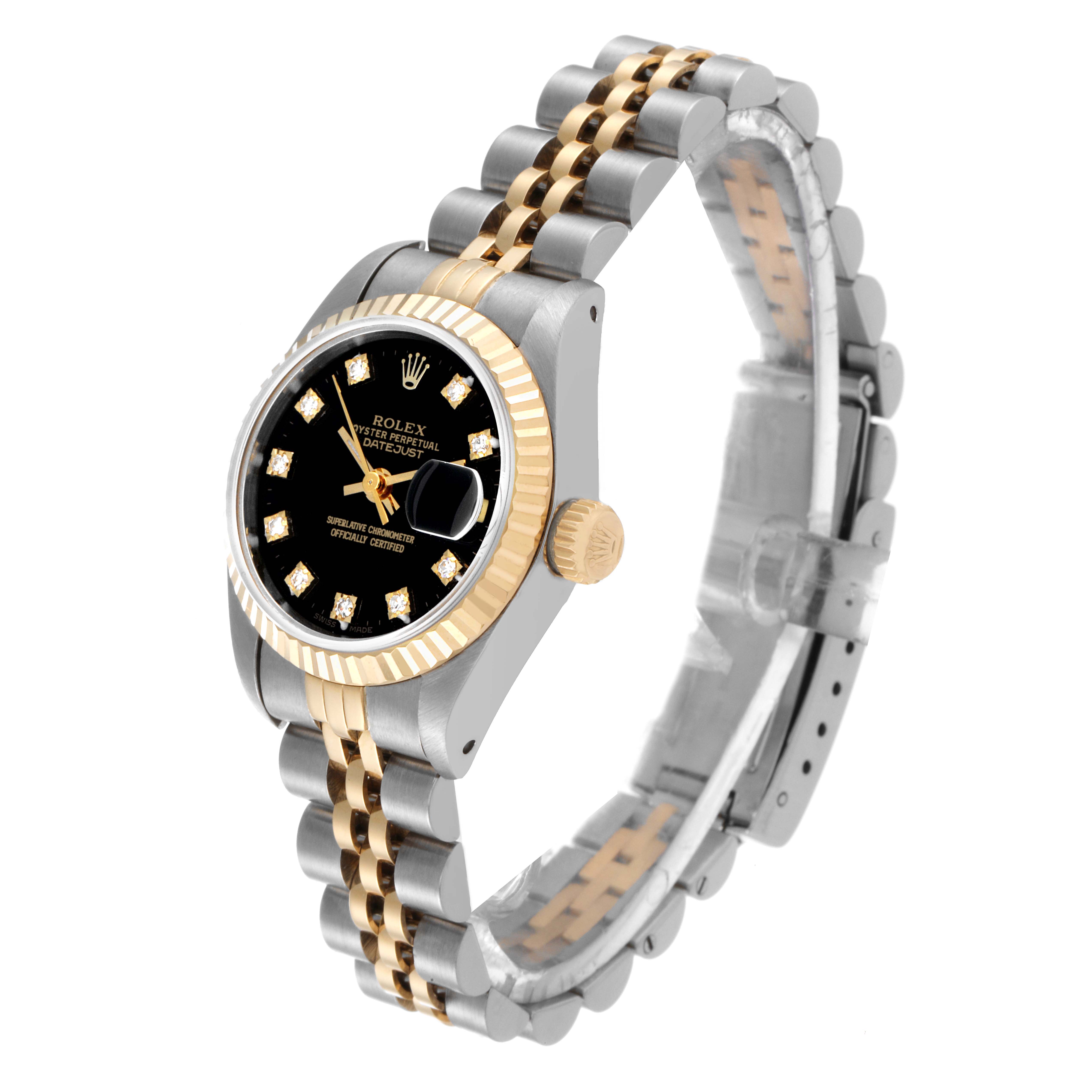 The Rolex Datejust 69173 Women's Steel and Gold (two tone) Black Dial 69173 Women's Steel and Gold (two tone) Black Dial watch is viewed at an angle showing the black dial, fluted bezel, crown, and two-tone bracelet.
