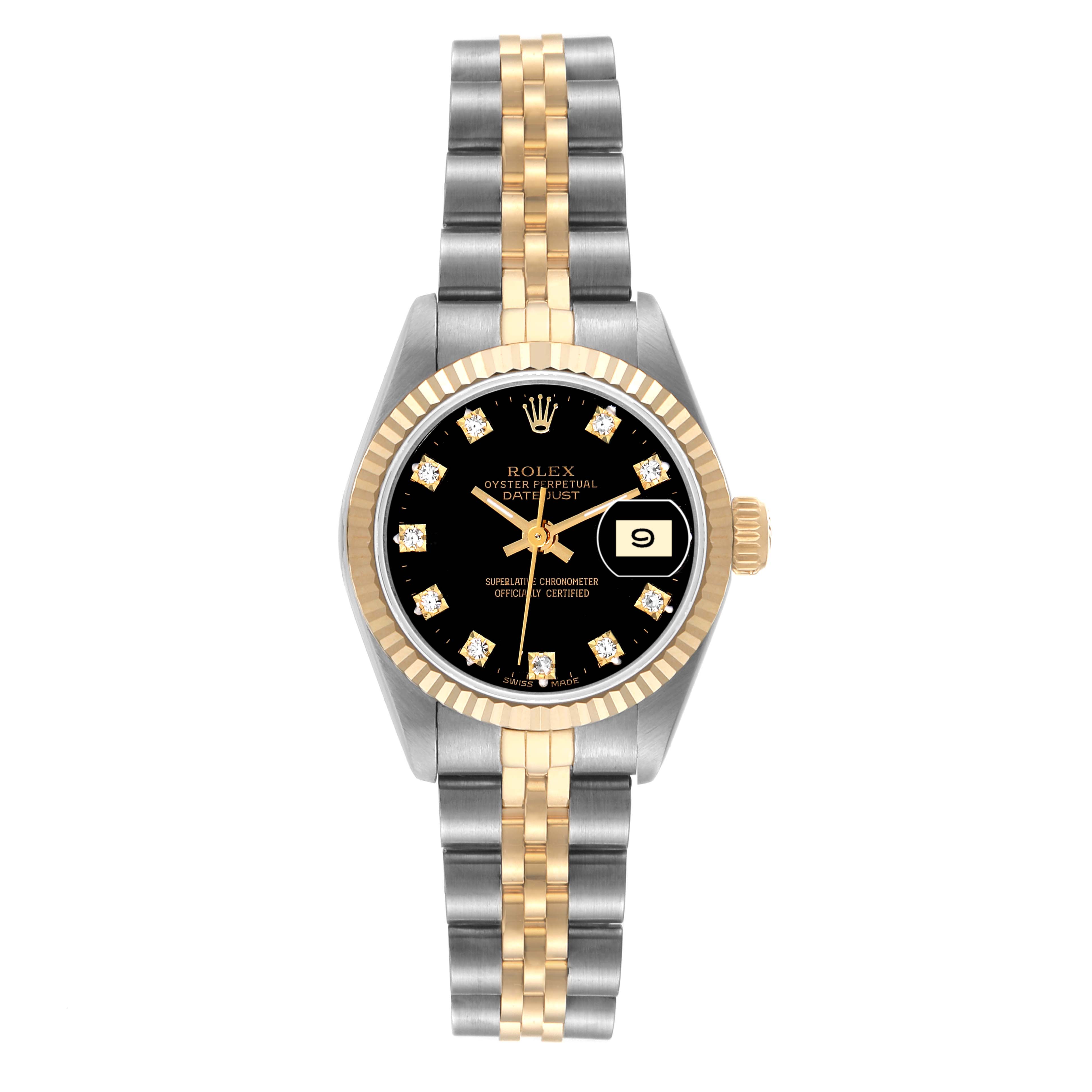 This Rolex Datejust 69173 Women's Steel and Gold (two tone) Black Dial 69173 Women's Steel and Gold (two tone) Black Dial model is shown from the front, highlighting the black dial, diamond hour markers, and two-tone bracelet.