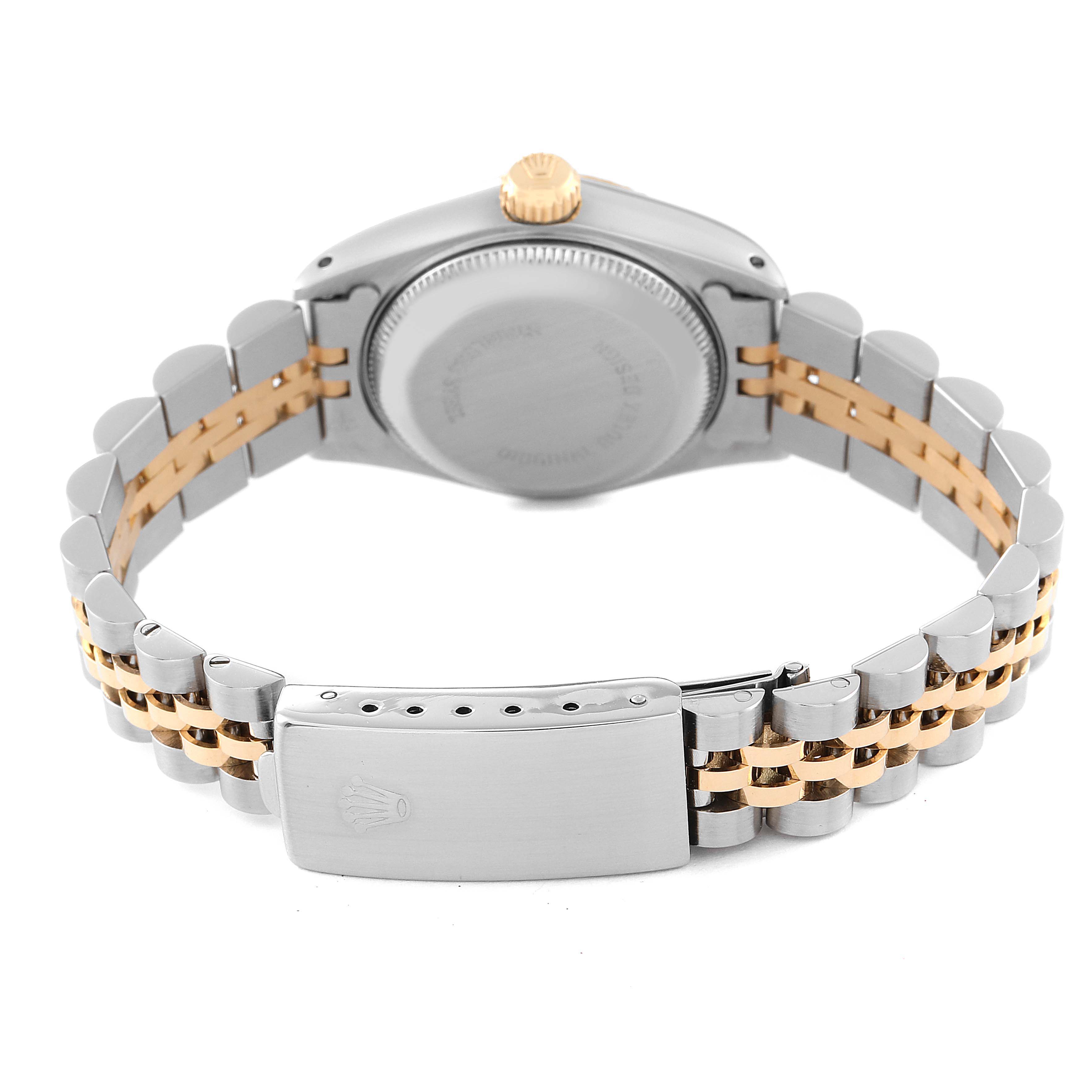 The image shows the backside of the Rolex Datejust 69173 Women's Steel and Gold (two tone) Black Dial 69173 Women's Steel and Gold (two tone) Black Dial watch, focusing on the clasp, bracelet, and case back.