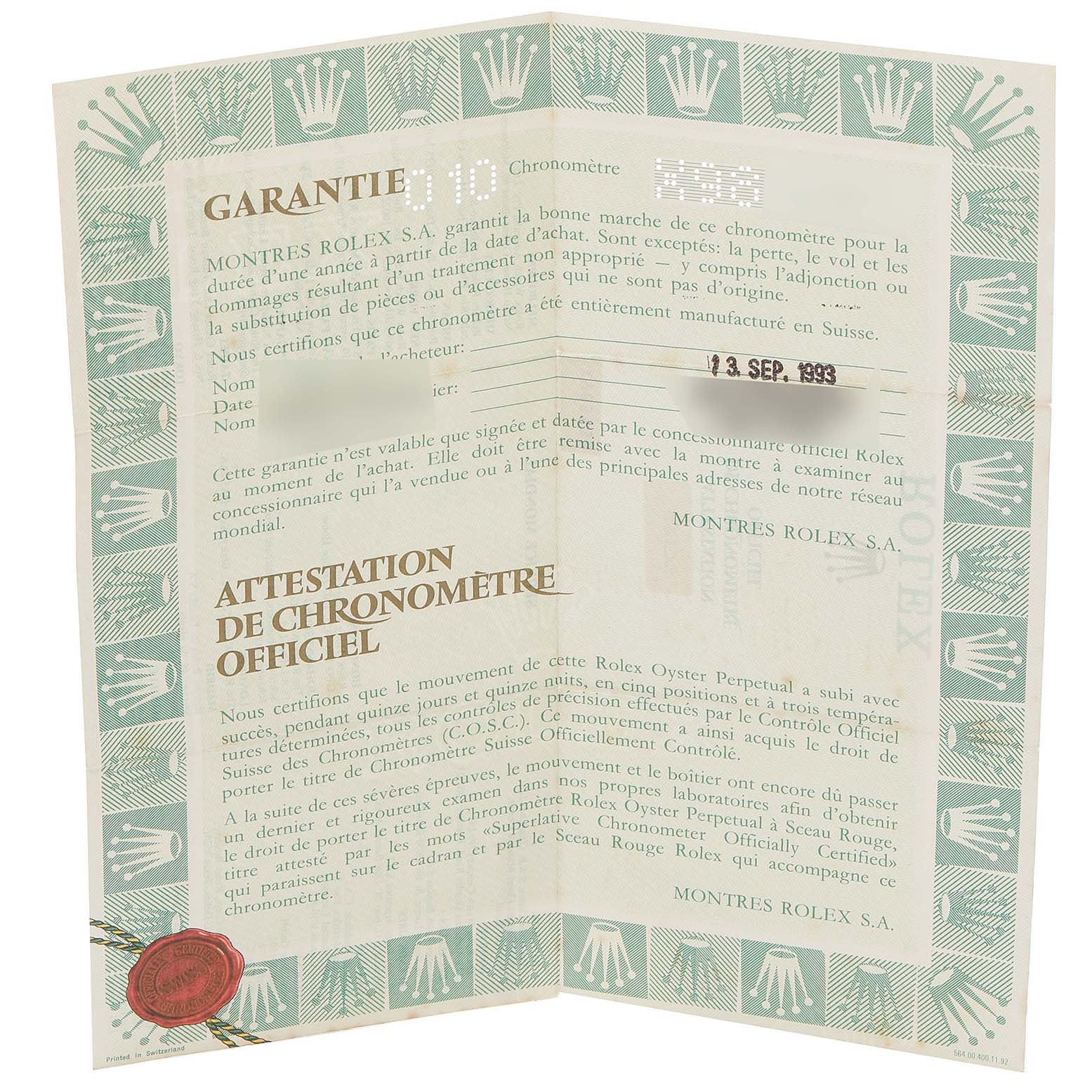 This image shows a warranty and chronometer certification document for a Rolex Datejust 69173 Women's Steel and Gold (two tone) Black Dial 69173 Women's Steel and Gold (two tone) Black Dial model.