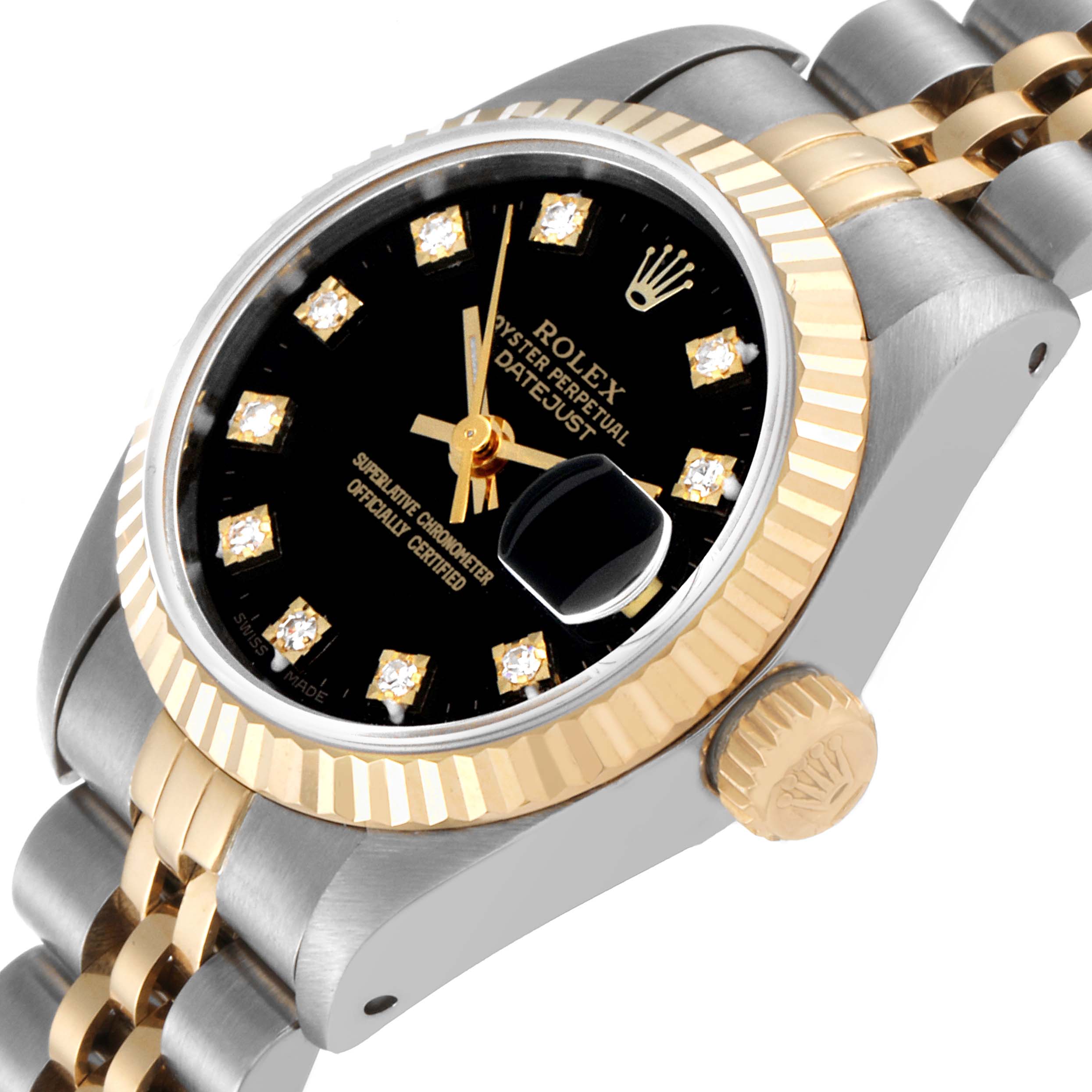 The image of the Rolex Datejust 69173 Women's Steel and Gold (two tone) Black Dial 69173 Women's Steel and Gold (two tone) Black Dial watch shows the face, fluted bezel, crown, and a portion of the two-tone bracelet at an angle.