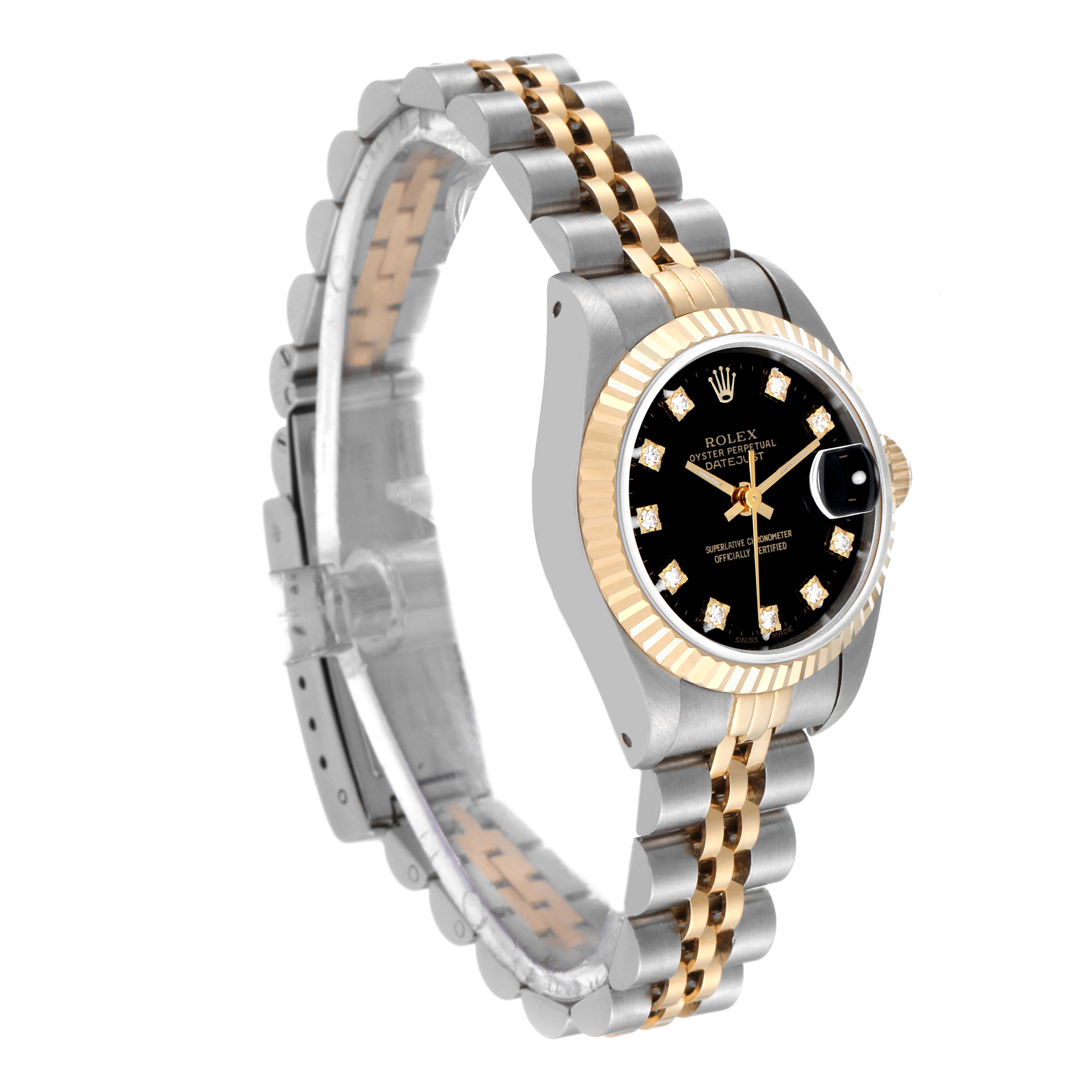 The image shows a Rolex Datejust 69173 Women's Steel and Gold (two tone) Black Dial 69173 Women's Steel and Gold (two tone) Black Dial watch at a three-quarter angle, displaying the face, bezel, and bracelet.