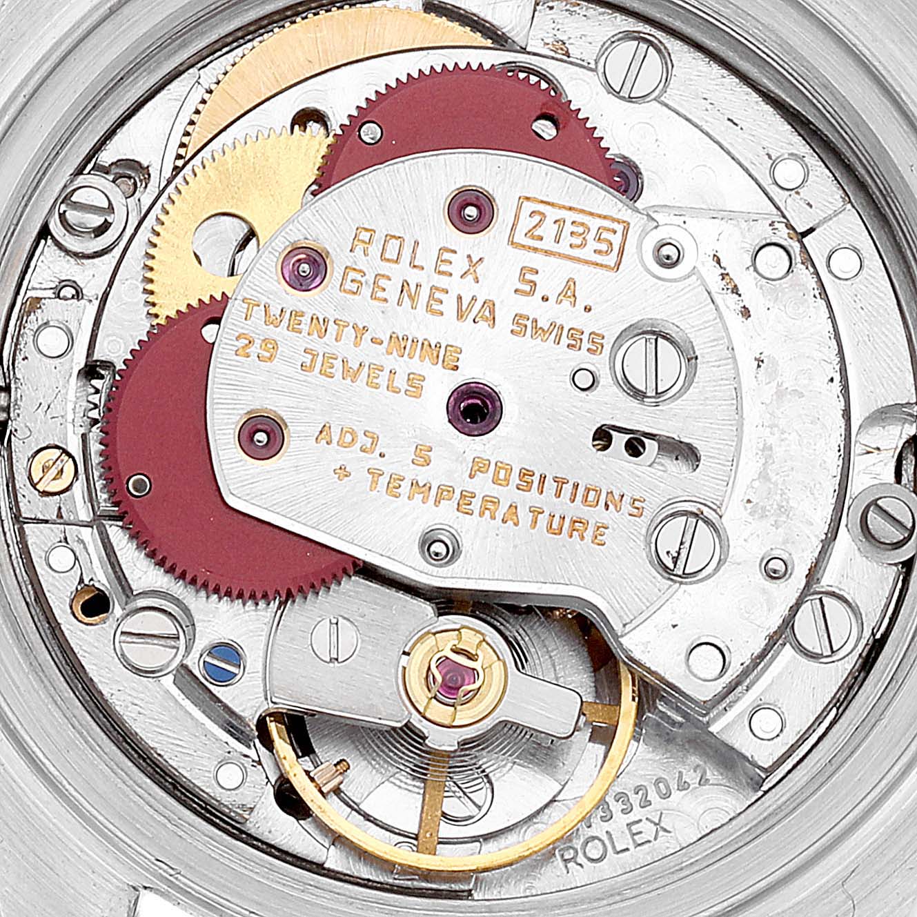 This is an internal view of the Rolex Datejust 69173 Women's Steel and Gold (two tone) Black Dial 69173 Women's Steel and Gold (two tone) Black Dial watch movement, showing gears and calibration details.