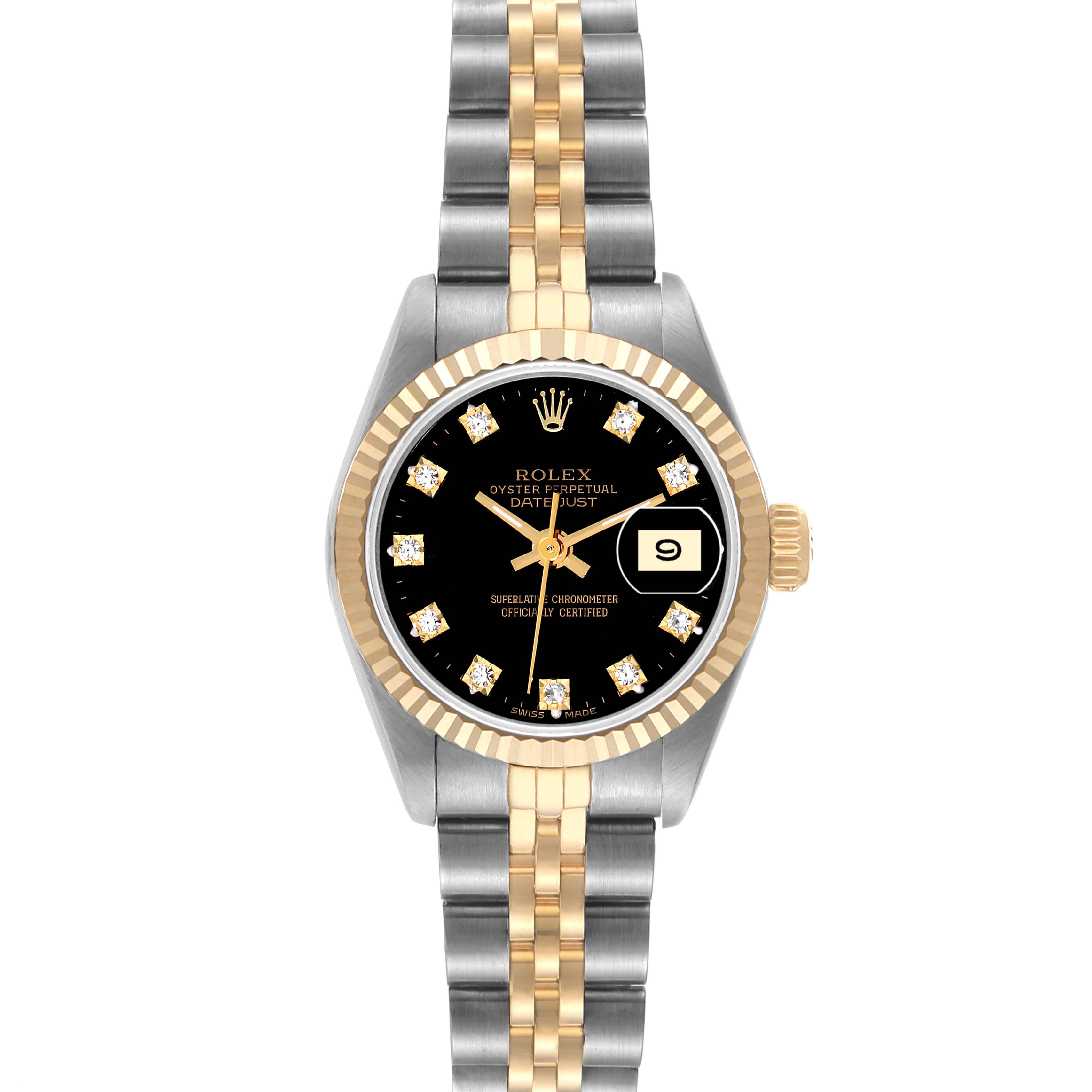 This image shows a frontal view of a Rolex Datejust 69173 Women's Steel and Gold (two tone) Black Dial 69173 Women's Steel and Gold (two tone) Black Dial watch, highlighting the dial, bezel, crown, and bracelet.