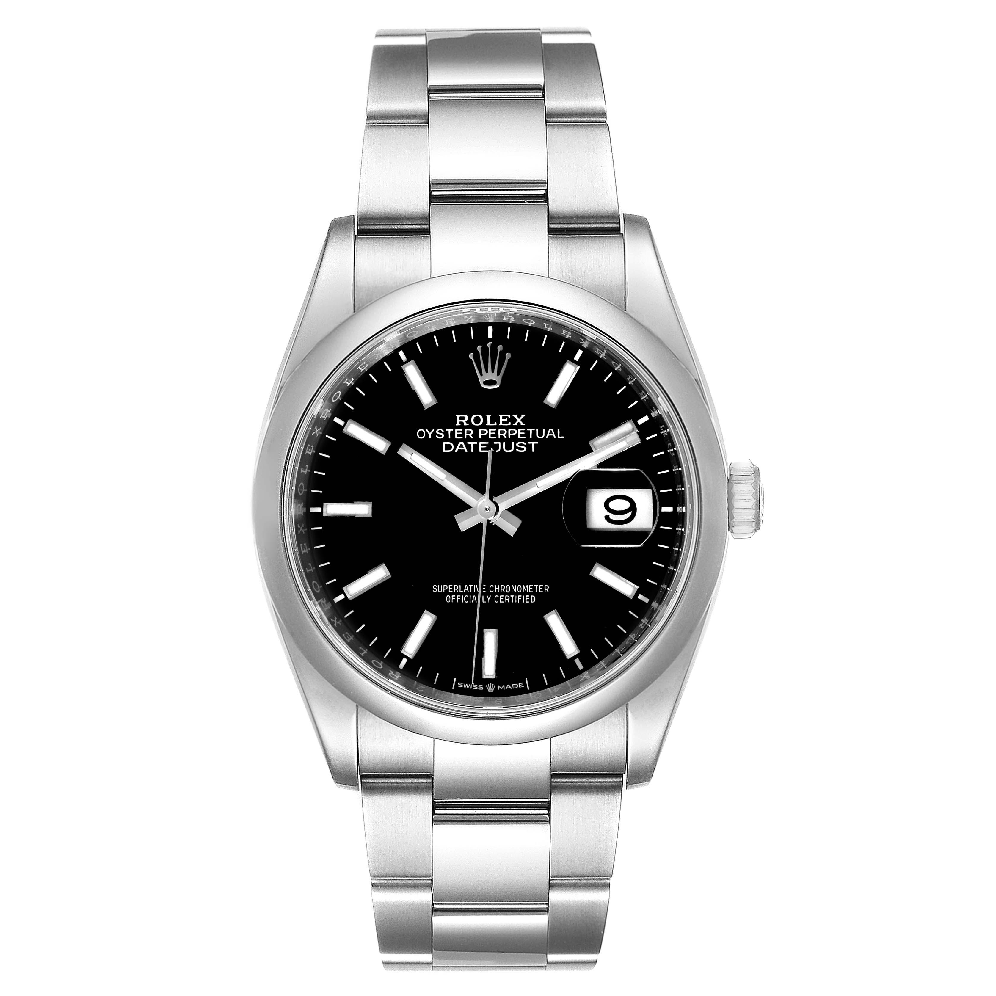 The image shows a frontal view of the Rolex Datejust 126200 Men
s Stainless Steel Black Dial 126200 Men
s Stainless Steel Black Dial watch, focusing on the dial, bracelet, and bezel.