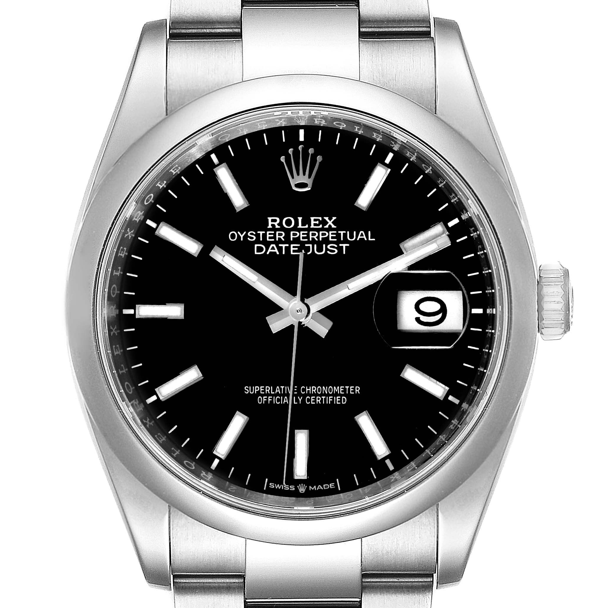 The image shows a frontal view of a Rolex Datejust 126200 Men
s Stainless Steel Black Dial 126200 Men
s Stainless Steel Black Dial watch, highlighting the black dial, date window, and metal bracelet.