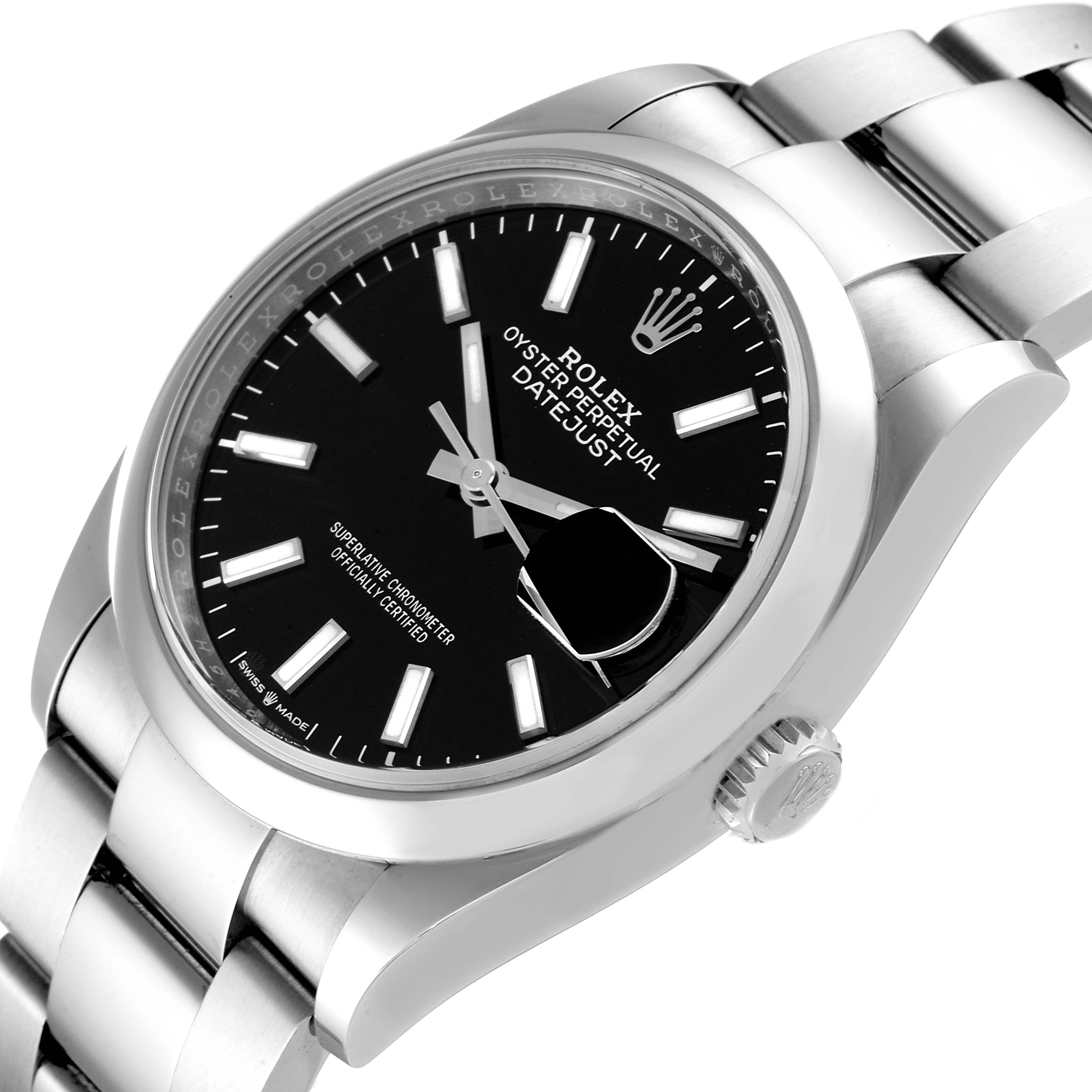 The image shows a close-up, angled view of a Rolex Datejust 126200 Men
s Stainless Steel Black Dial 126200 Men
s Stainless Steel Black Dial watch featuring a black dial, silver hour markers, and a metal bracelet.