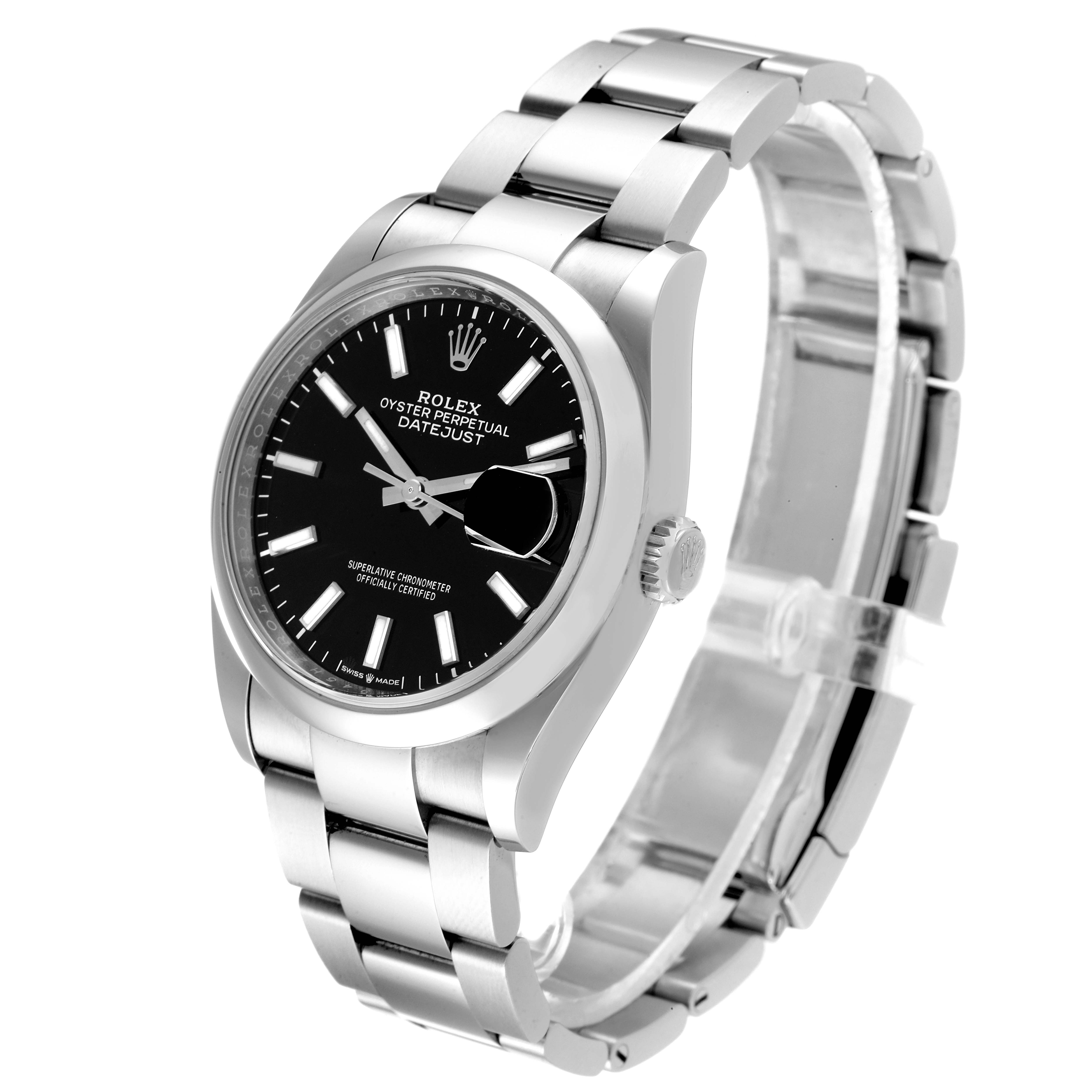 The image shows a Rolex Datejust 126200 Men
s Stainless Steel Black Dial 126200 Men
s Stainless Steel Black Dial watch from a 3/4 angle, showcasing the black dial, bezel, bracelet, and crown.