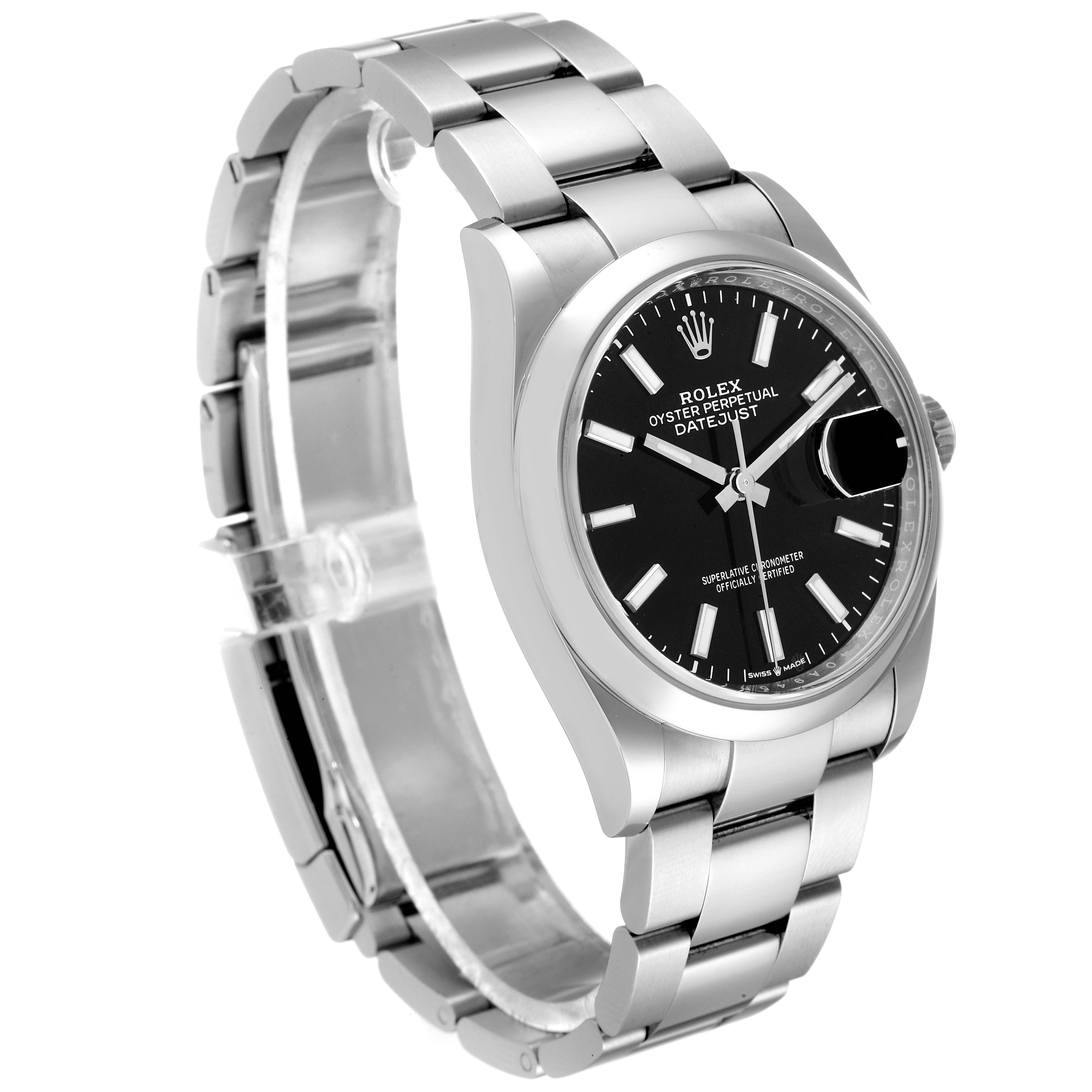 The image shows a side angle of the Rolex Datejust 126200 Men
s Stainless Steel Black Dial 126200 Men
s Stainless Steel Black Dial watch, highlighting its bracelet, black dial, and date magnifier.