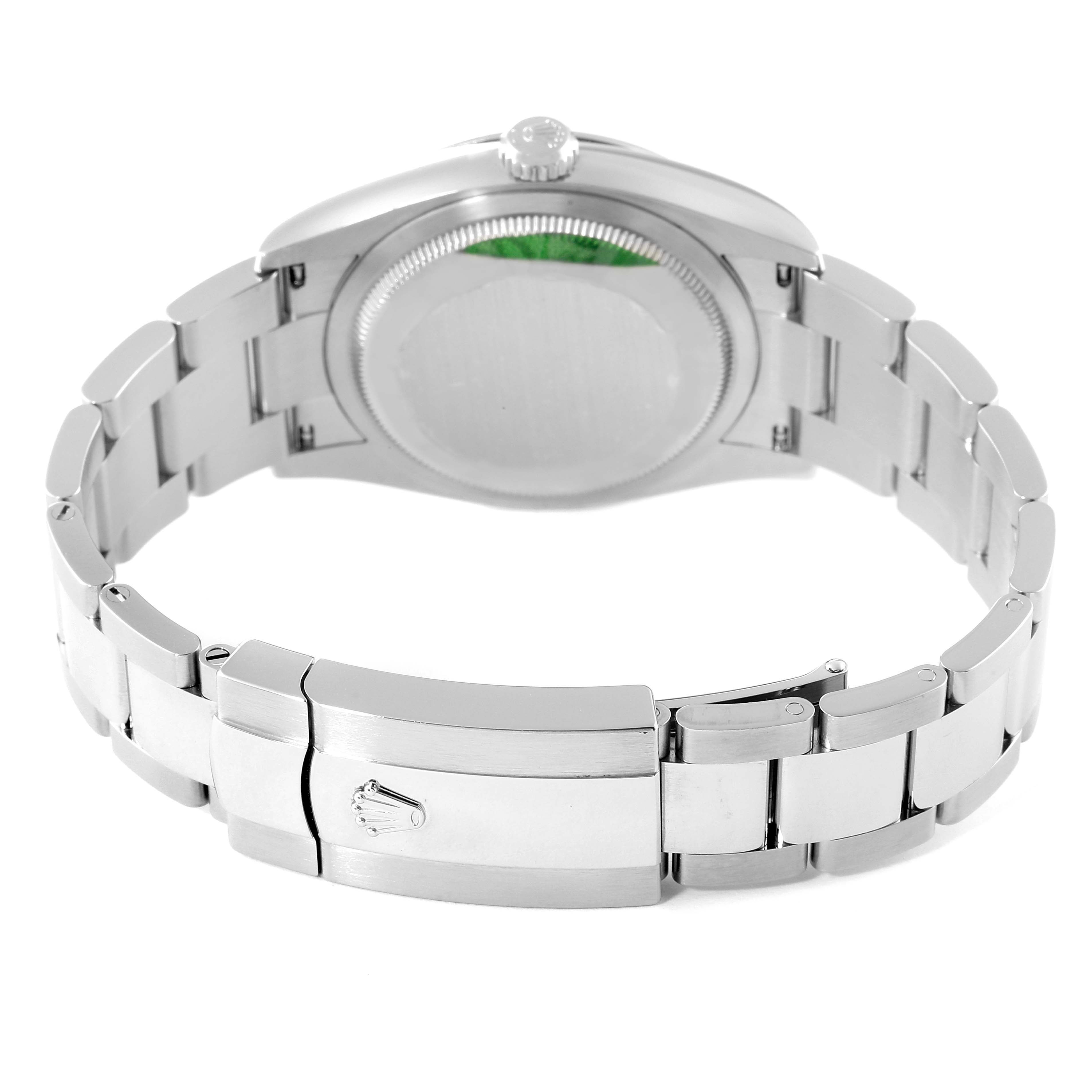 The image shows the back view of the Rolex Datejust 126200 Men
s Stainless Steel Black Dial 126200 Men
s Stainless Steel Black Dial watch, highlighting the watch case, bracelet, and clasp.