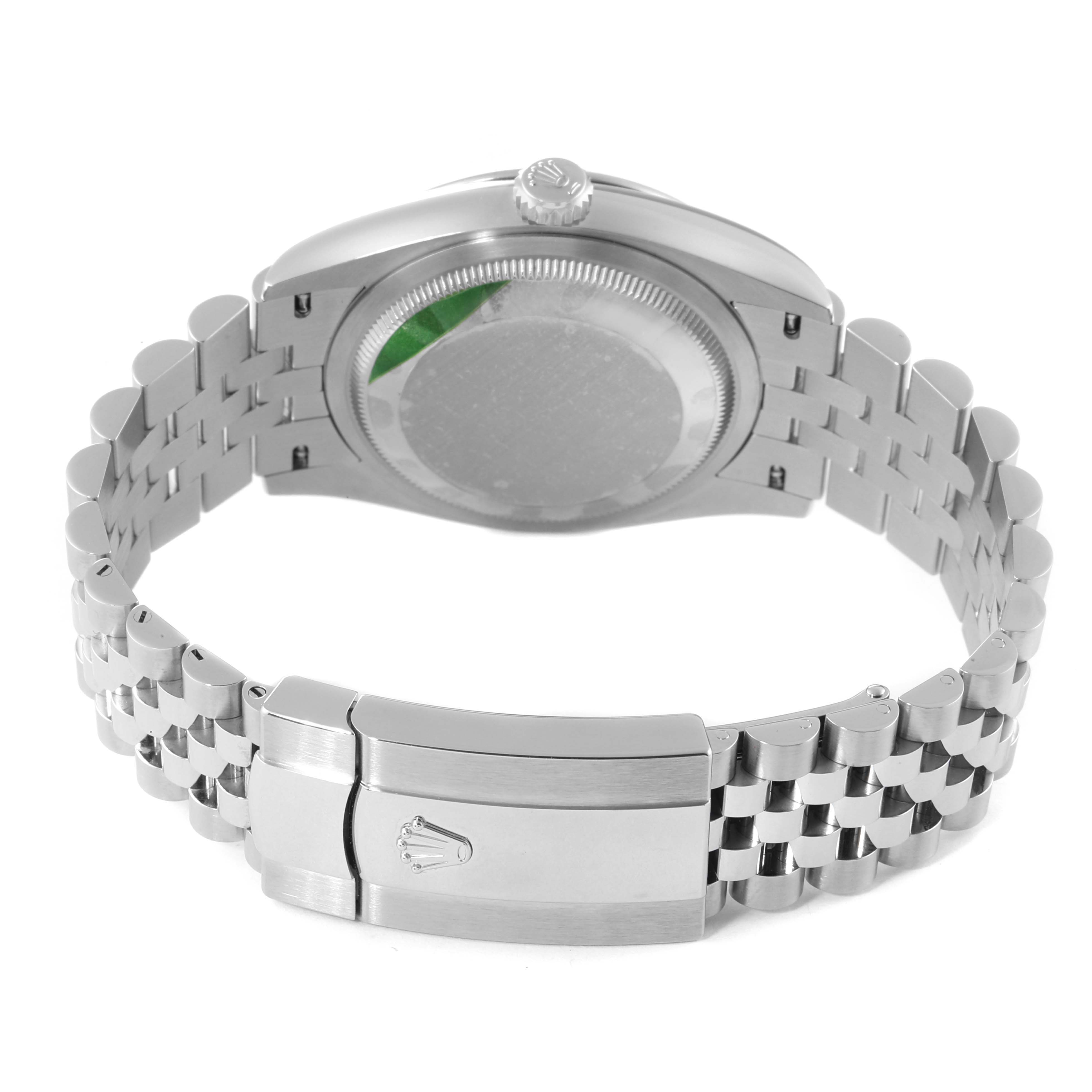 This image shows the back and clasp of the Rolex Datejust 126200 Men's Stainless Steel Blue Dial 126200 Men's Stainless Steel Blue Dial watch, highlighting its Jubilee bracelet and the Rolex logo on the clasp.