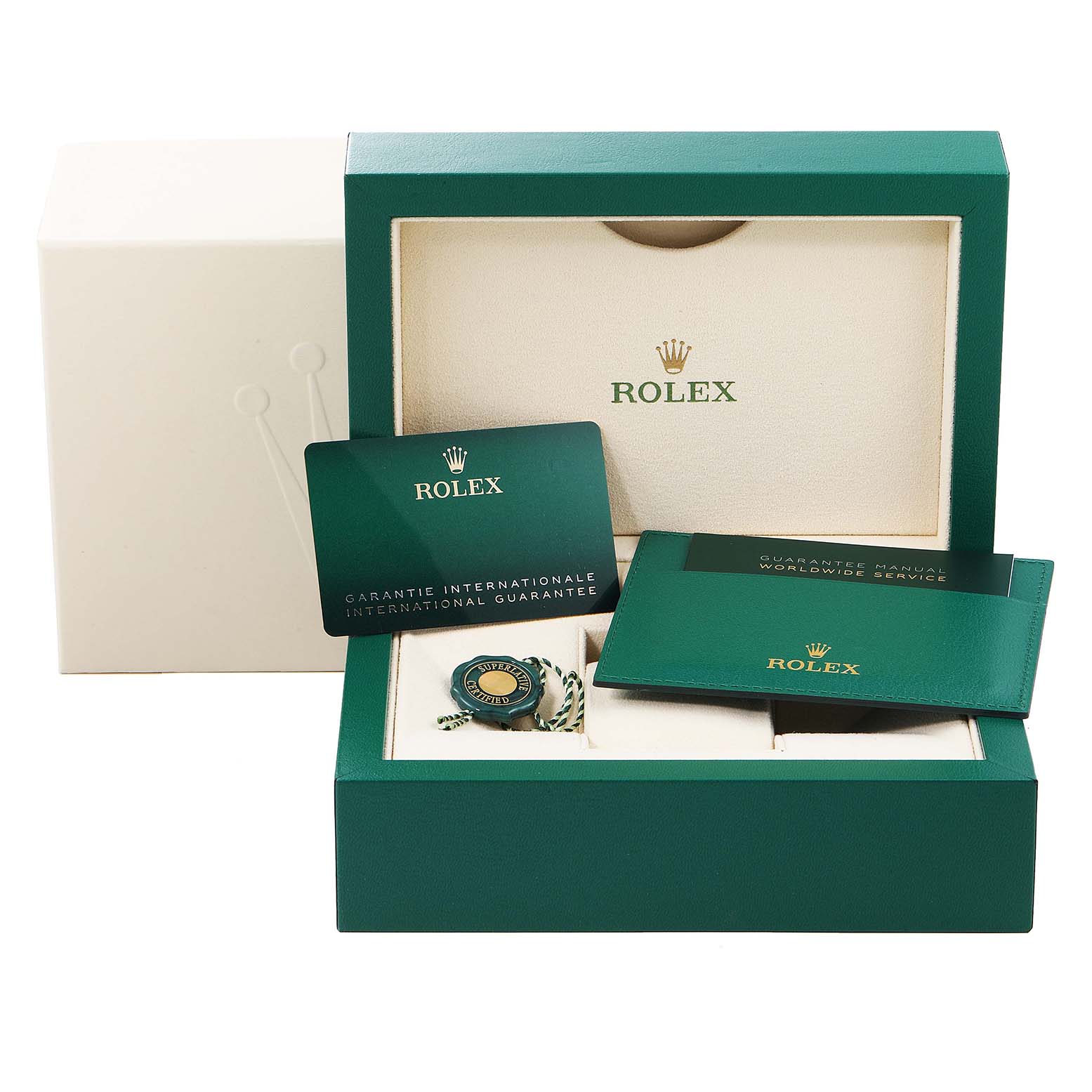 The image shows a Rolex Datejust 126200 Men's Stainless Steel Blue Dial 126200 Men's Stainless Steel Blue Dial watch box, warranty cards, and booklets from a front angle.