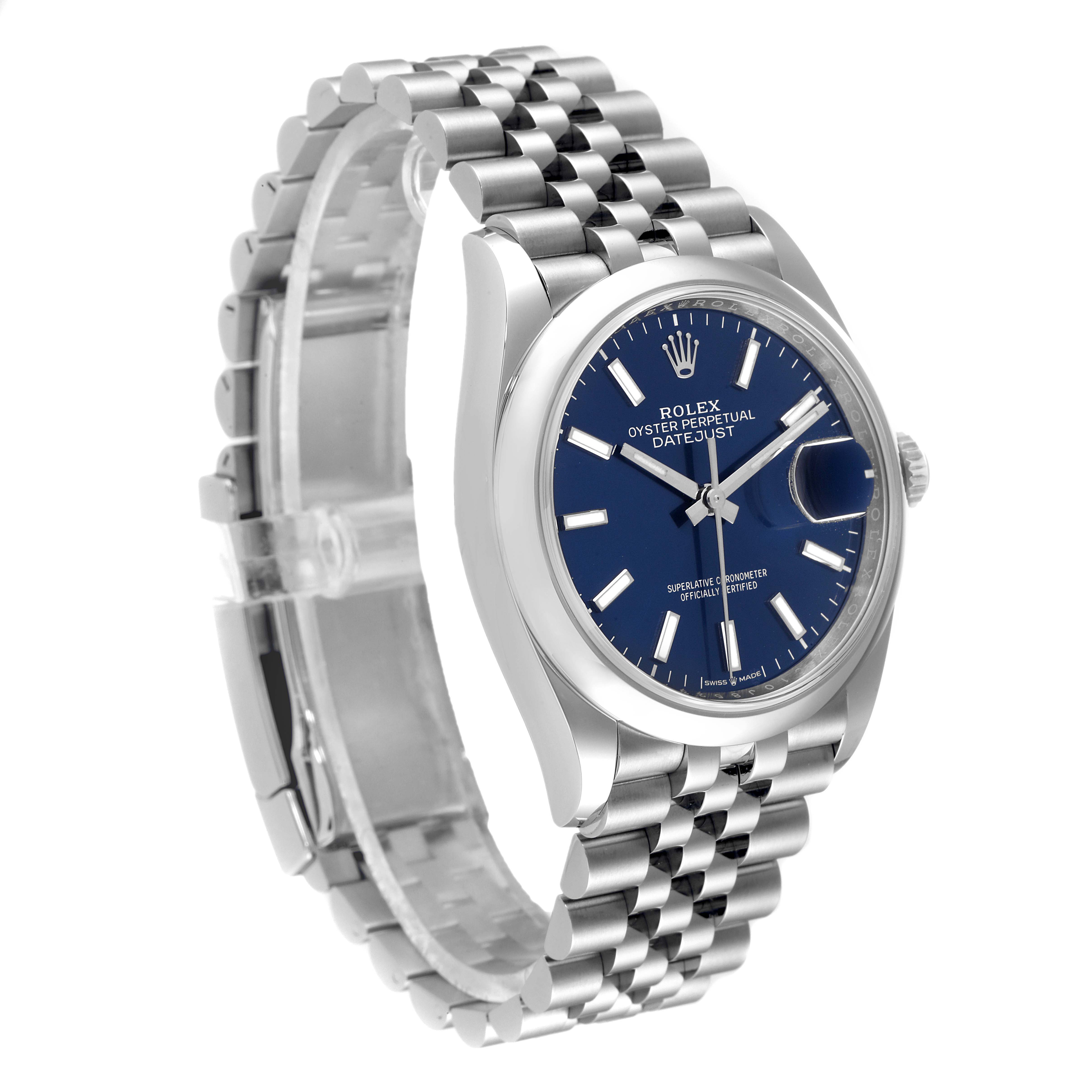 The Rolex Datejust 126200 Men's Stainless Steel Blue Dial 126200 Men's Stainless Steel Blue Dial watch is shown at a three-quarter angle, displaying its face, bracelet, and side profile.