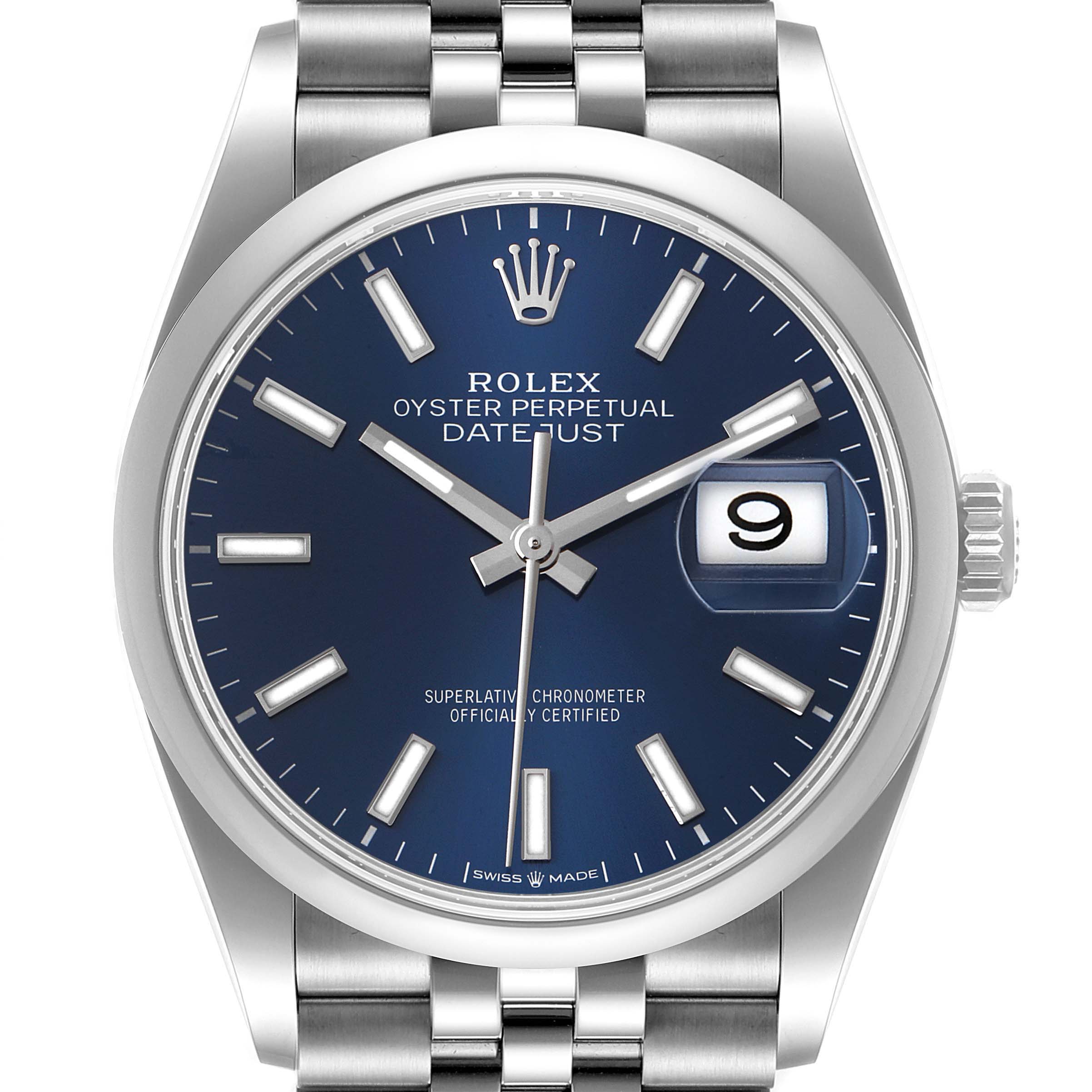 The image shows a front view of the Rolex Datejust 126200 Men's Stainless Steel Blue Dial 126200 Men's Stainless Steel Blue Dial watch, displaying its face, dial, and bracelet.