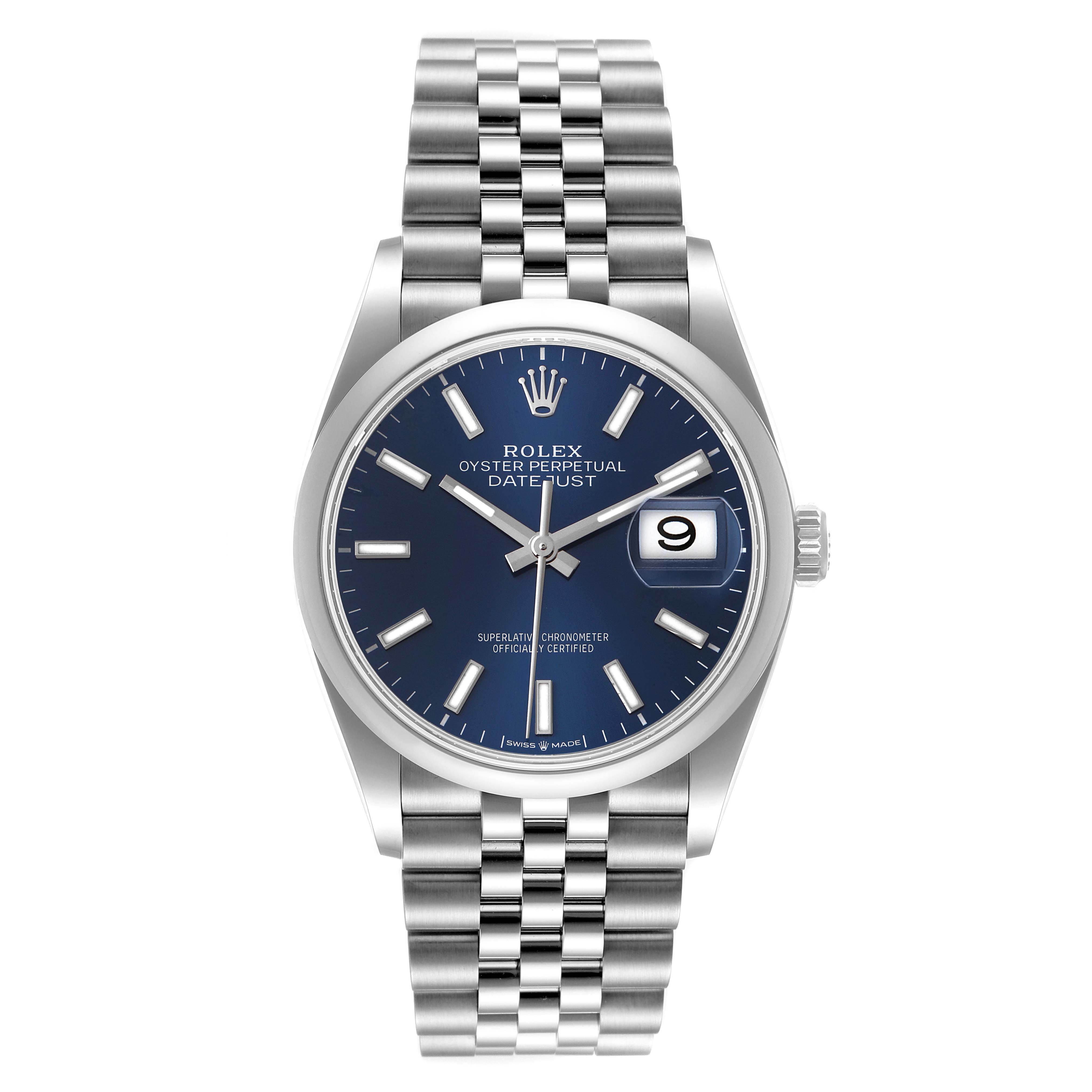 The Rolex Datejust 126200 Men's Stainless Steel Blue Dial 126200 Men's Stainless Steel Blue Dial watch is shown from the front, displaying the dial, hands, date window, and bracelet.