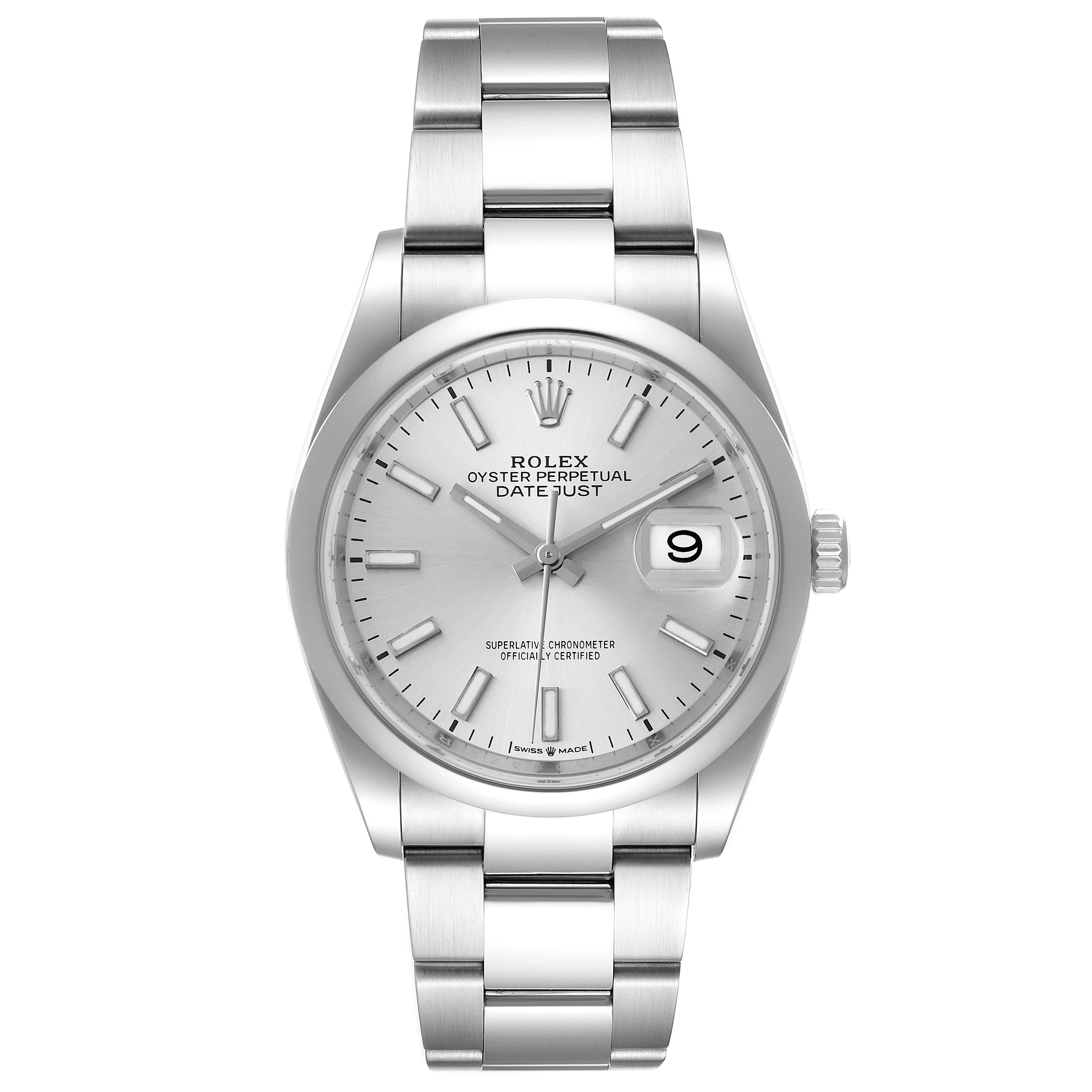 The image shows a front view of the Rolex Datejust 126200 Men's Stainless Steel Silver Dial 126200 Men's Stainless Steel Silver Dial watch, highlighting its dial, bracelet, and date window.