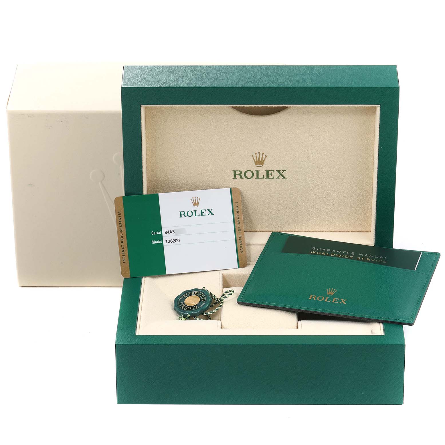 The image shows a Rolex Datejust 126200 Men's Stainless Steel Silver Dial 126200 Men's Stainless Steel Silver Dial model packaging, including the box, cards, manual, and a tag.