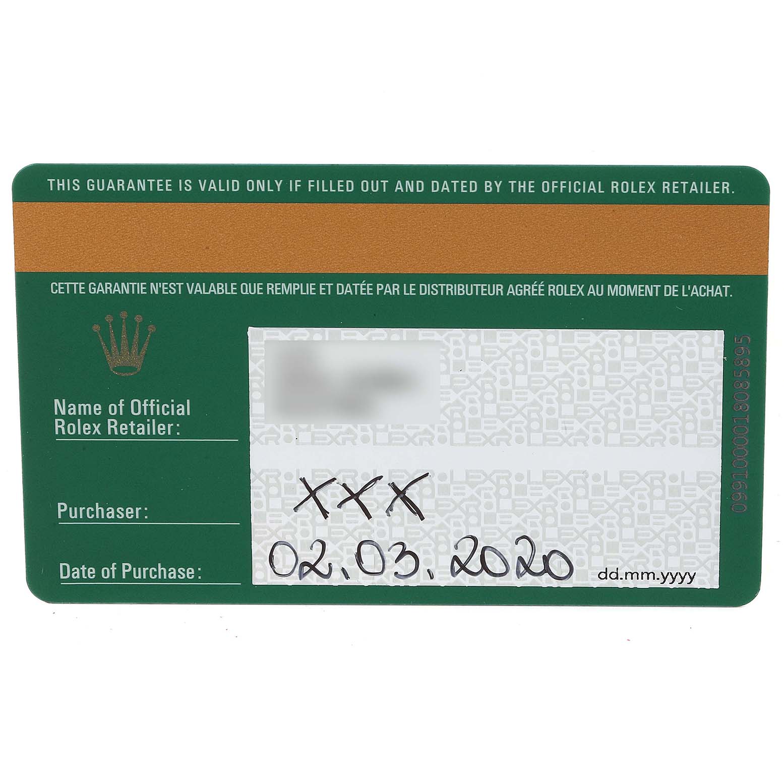 This image shows a warranty card for a Rolex Datejust 126200 Men's Stainless Steel Silver Dial 126200 Men's Stainless Steel Silver Dial watch, showing the retailer's and purchaser's information along with the date of purchase.
