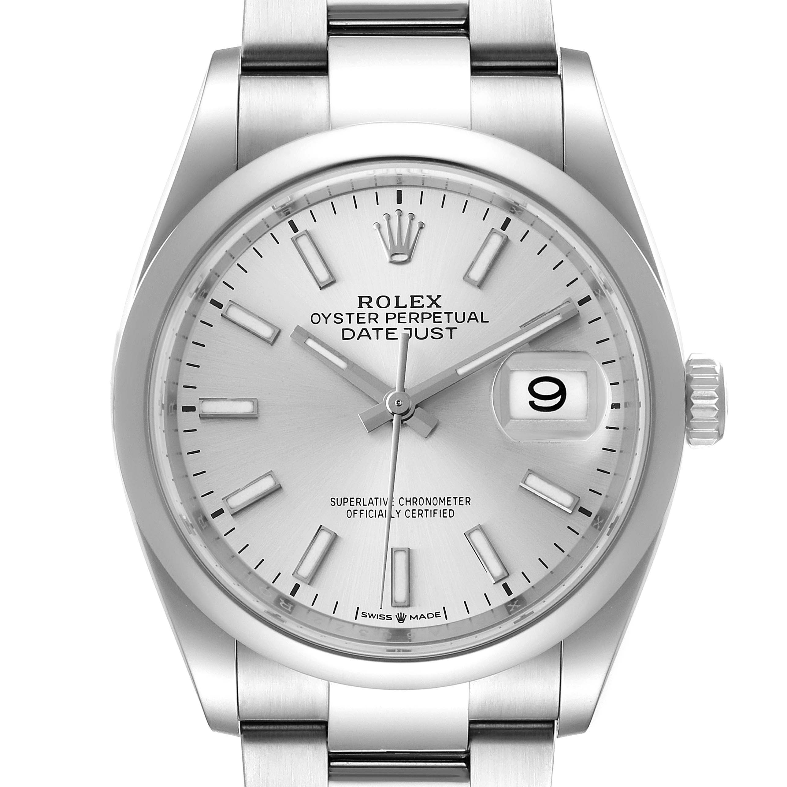 The image shows a front view of a Rolex Datejust 126200 Men's Stainless Steel Silver Dial 126200 Men's Stainless Steel Silver Dial watch, highlighting the dial, bezel, date window, and bracelet.