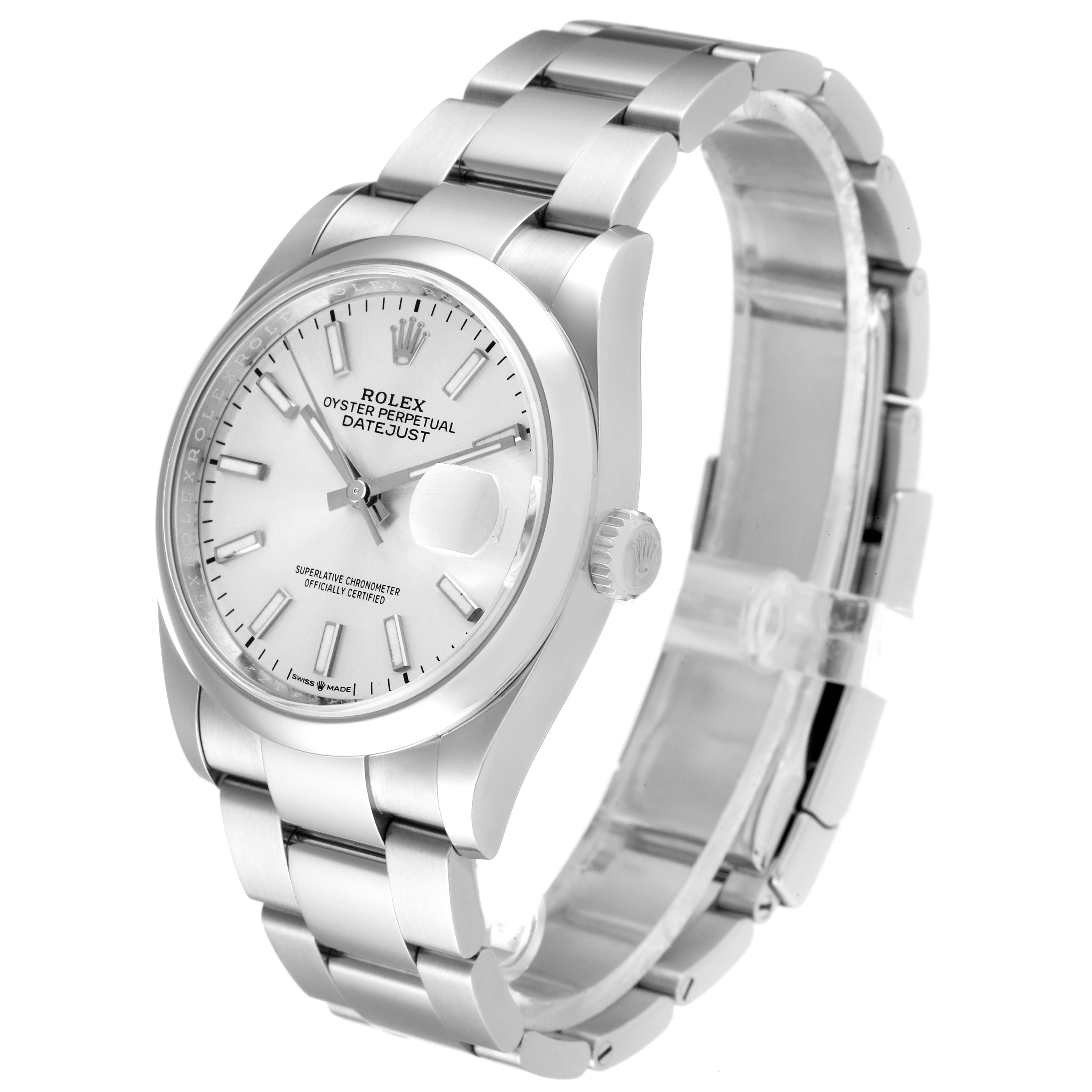 This image shows the Rolex Datejust 126200 Men's Stainless Steel Silver Dial 126200 Men's Stainless Steel Silver Dial watch from a three-quarter angle, highlighting its face, bezel, bracelet, and crown.