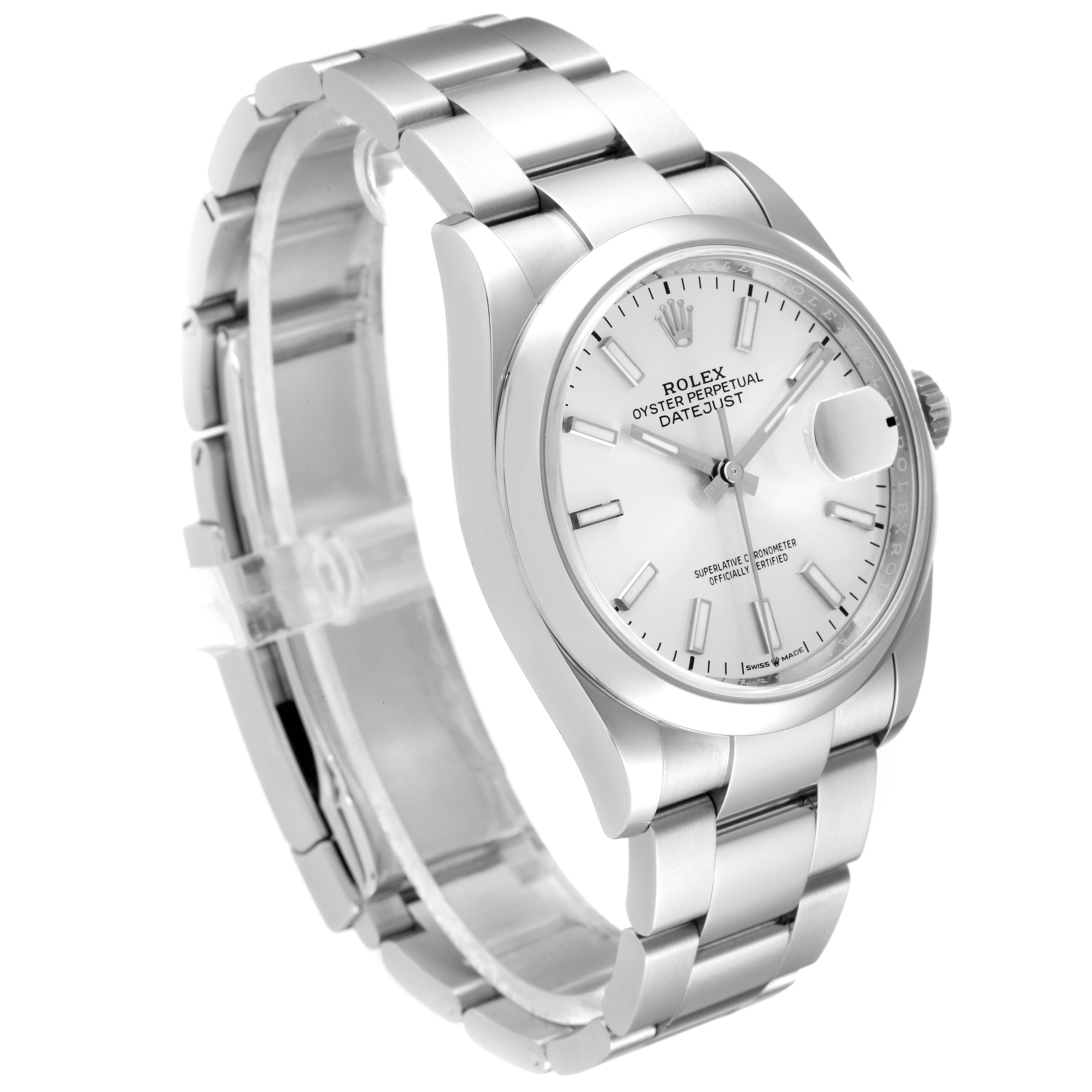 The image shows a Rolex Datejust 126200 Men's Stainless Steel Silver Dial 126200 Men's Stainless Steel Silver Dial watch at a 3/4 angle, highlighting the face, bracelet, and crown.