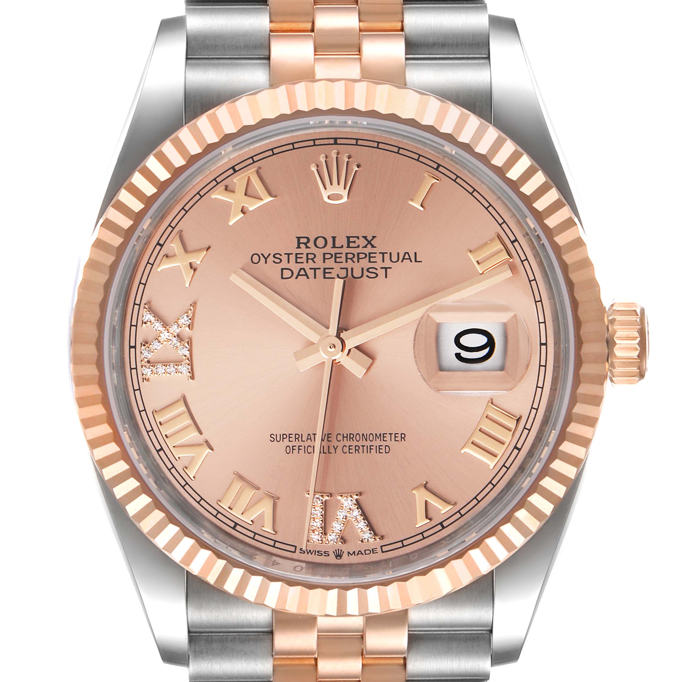 This image shows a close-up of the Rolex Datejust 126231 Men's Steel and Gold (two tone) Pink Dial 126231 Men's Steel and Gold (two tone) Pink Dial watch's face, bezel, crown, and part of the bracelet.