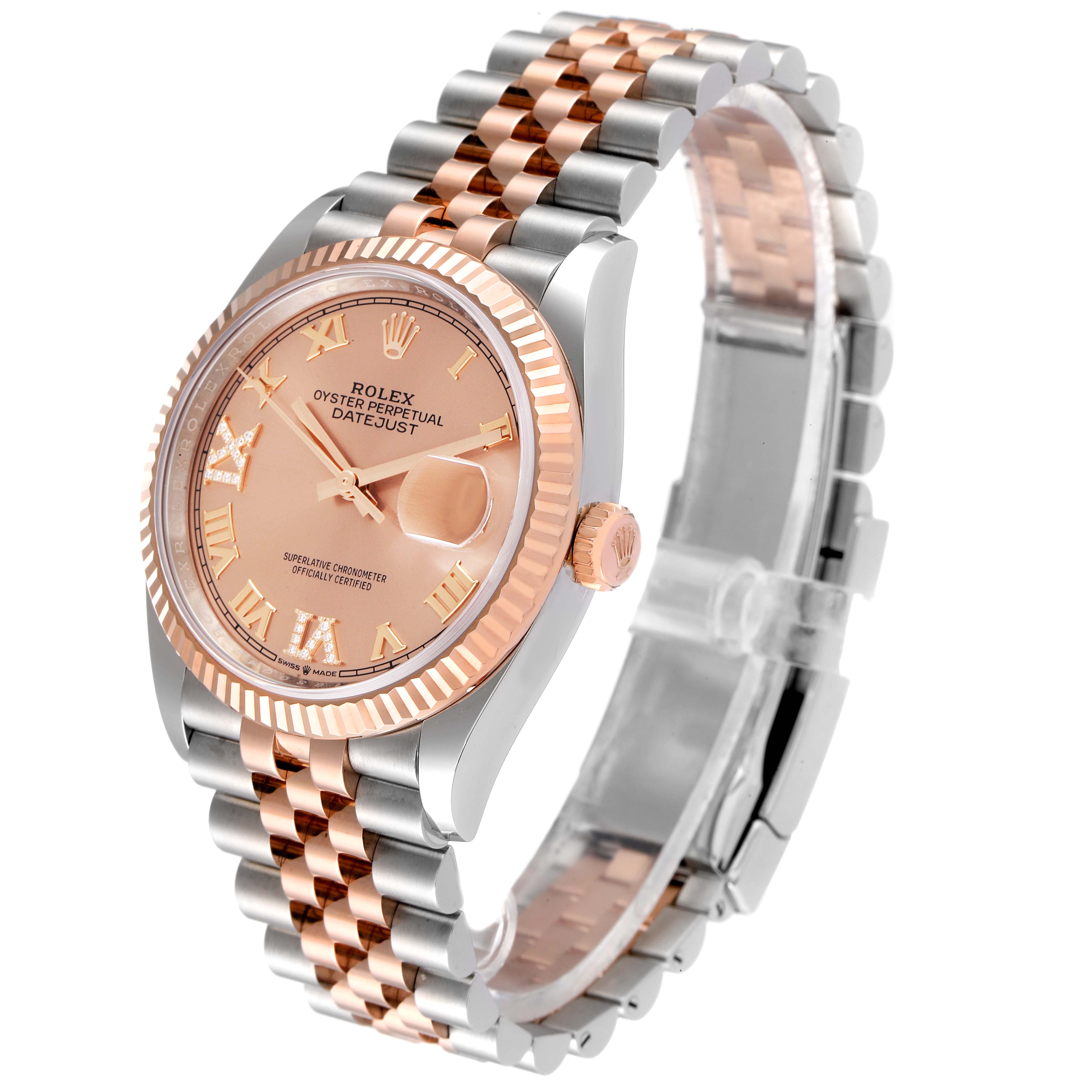 The image shows a Rolex Datejust 126231 Men's Steel and Gold (two tone) Pink Dial 126231 Men's Steel and Gold (two tone) Pink Dial watch at a three-quarter angle, highlighting its dial, bezel, and two-tone bracelet.