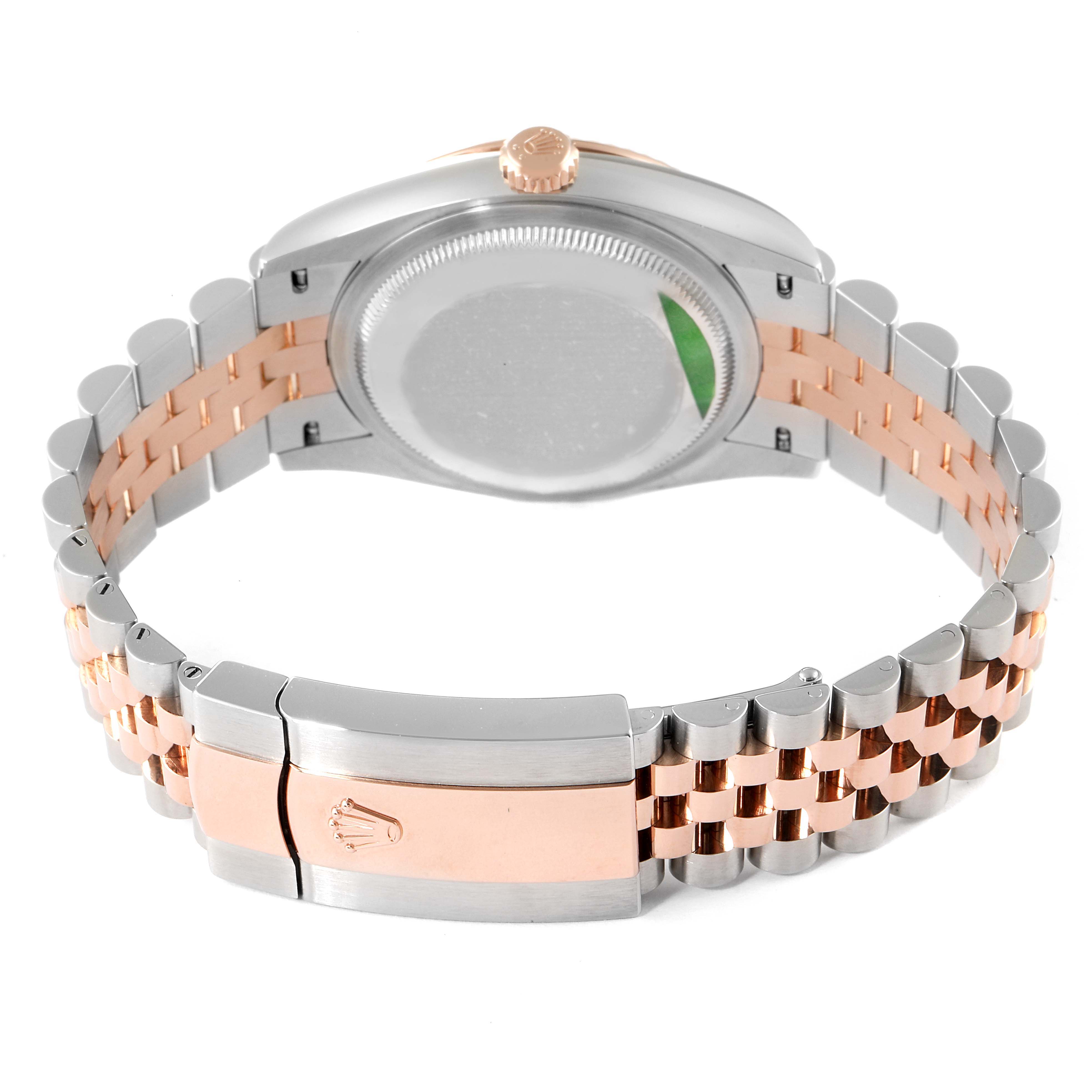 The image shows the back view of a Rolex Datejust 126231 Men's Steel and Gold (two tone) Pink Dial 126231 Men's Steel and Gold (two tone) Pink Dial watch, focusing on the case back and two-tone bracelet and clasp.
