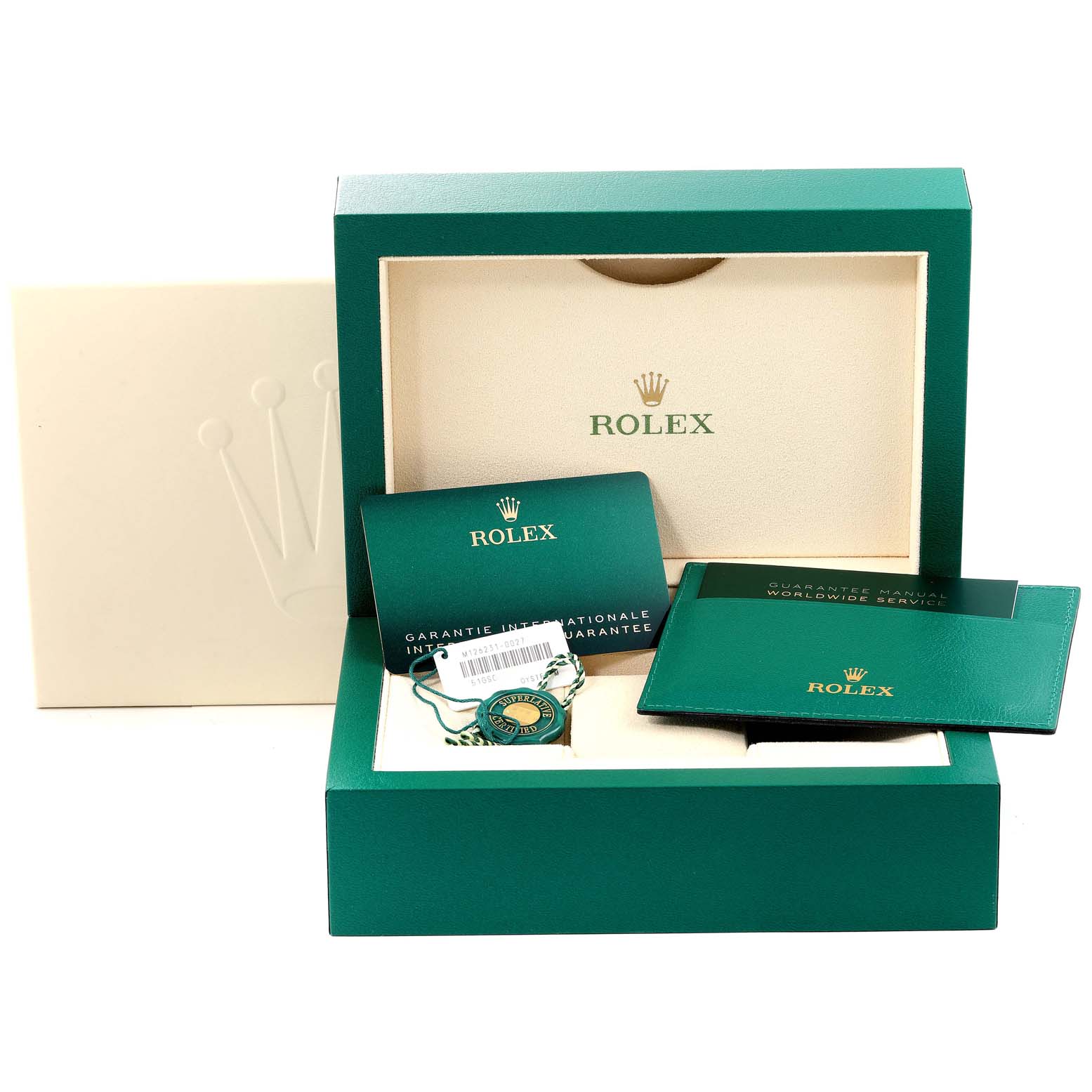 This image shows the packaging and certificates for a Rolex Datejust 126231 Men's Steel and Gold (two tone) Pink Dial 126231 Men's Steel and Gold (two tone) Pink Dial, including the box, warranty card, and booklet.