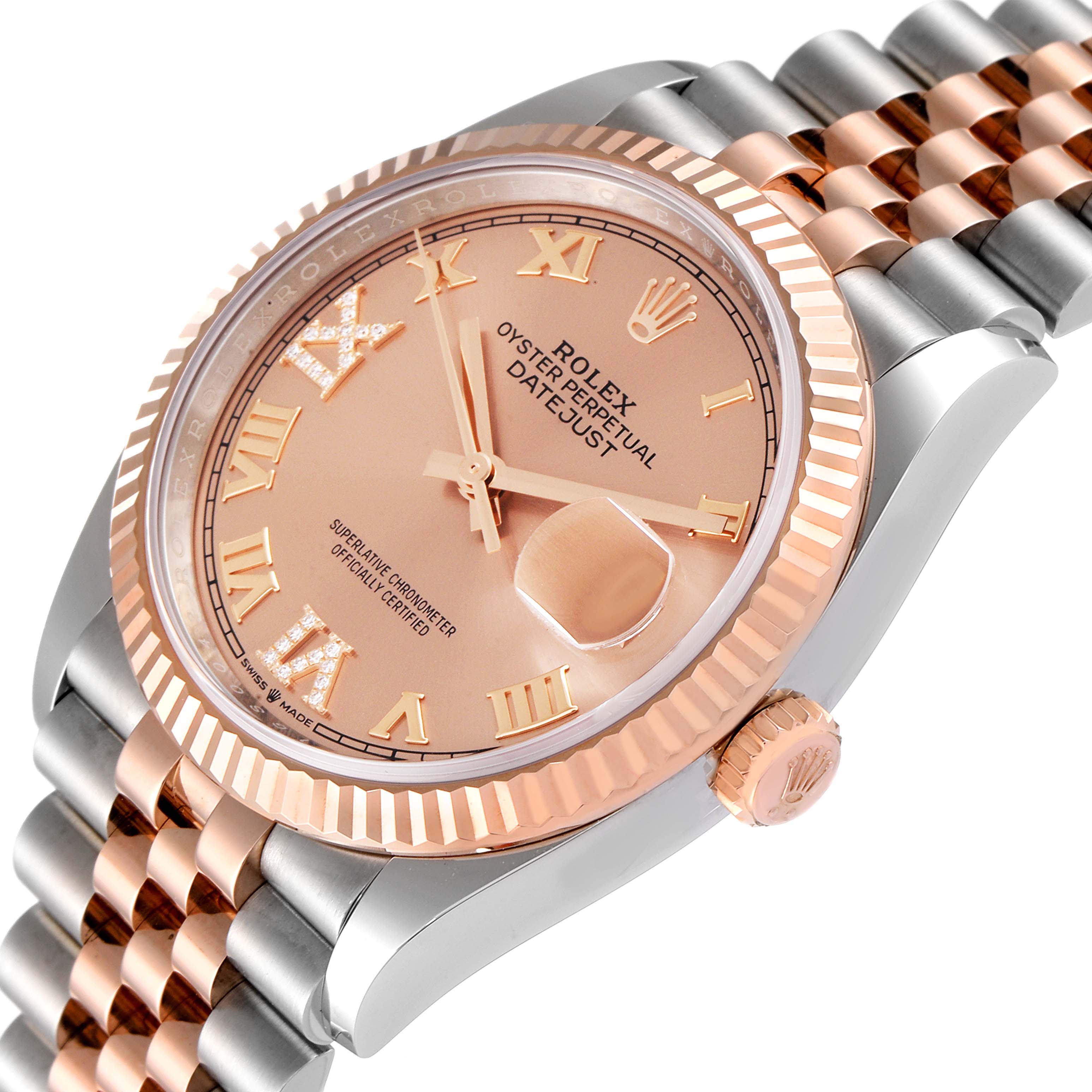 This Rolex Datejust 126231 Men's Steel and Gold (two tone) Pink Dial 126231 Men's Steel and Gold (two tone) Pink Dial watch is shown at a tilted angle, displaying the dial, crown, and part of the bracelet.
