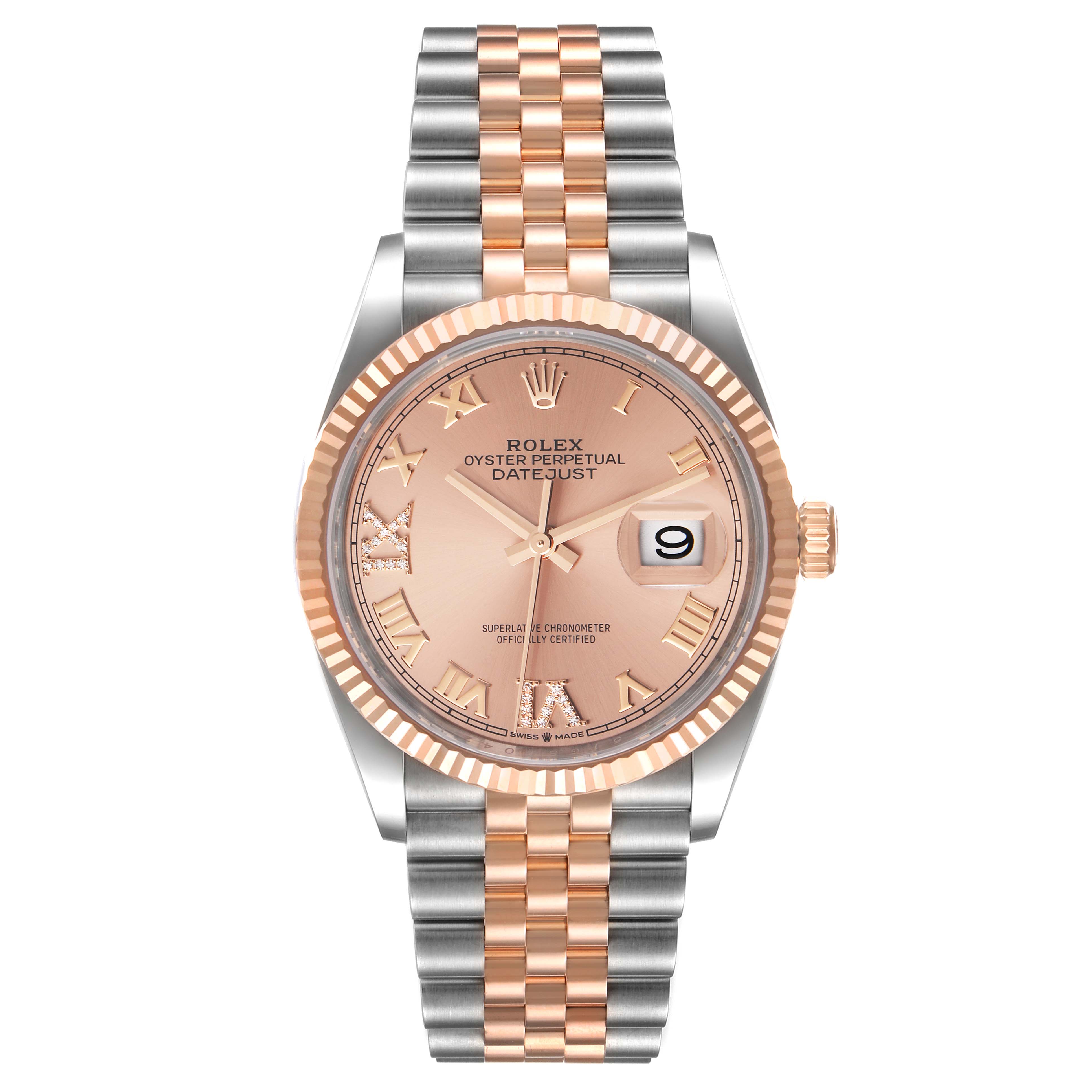 The image shows a frontal view of a Rolex Datejust 126231 Men's Steel and Gold (two tone) Pink Dial 126231 Men's Steel and Gold (two tone) Pink Dial with a two-tone bracelet and pink dial with Roman numerals.