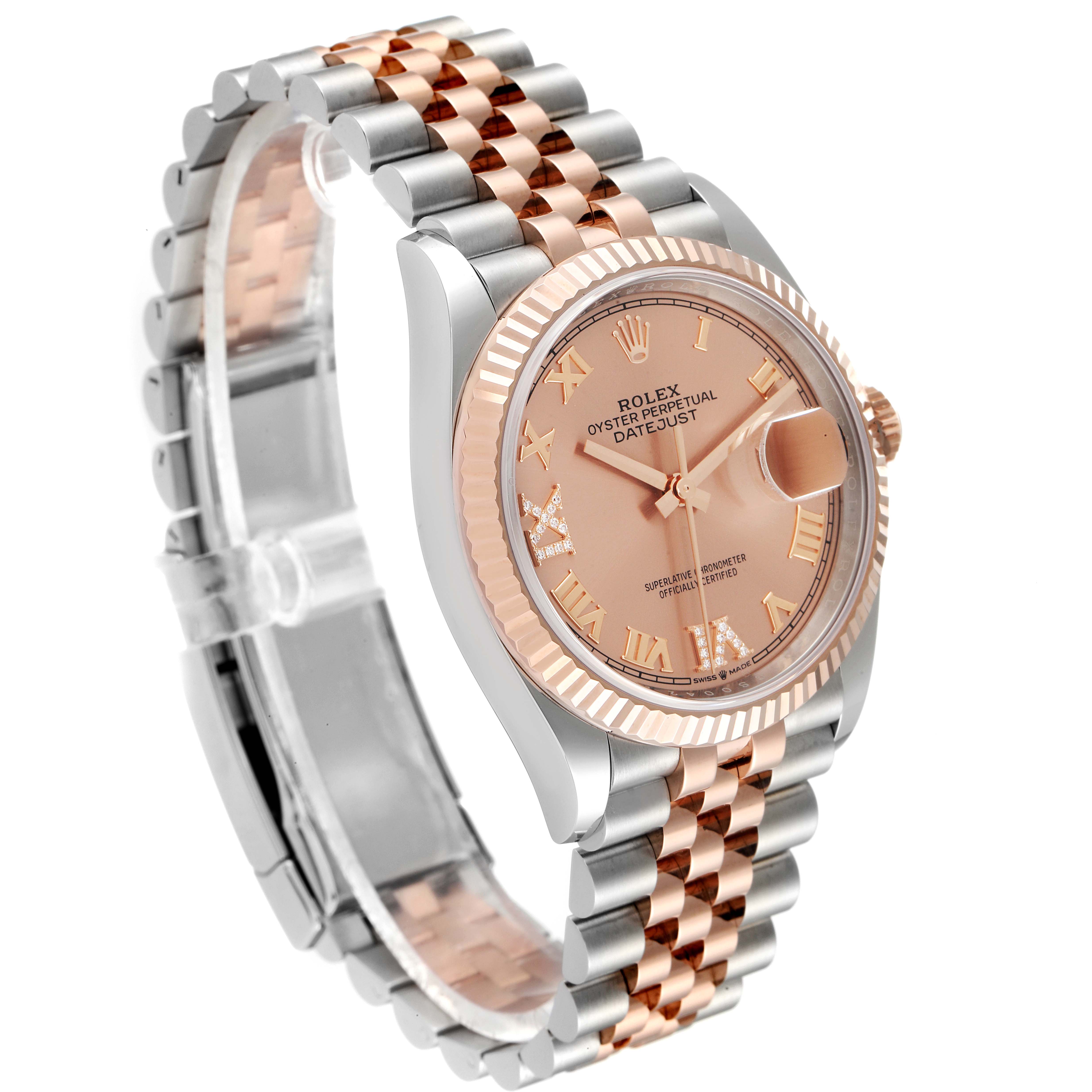 This Rolex Datejust 126231 Men's Steel and Gold (two tone) Pink Dial 126231 Men's Steel and Gold (two tone) Pink Dial watch is shown at a slight angle, highlighting its rose gold and silver case, bezel, and bracelet.