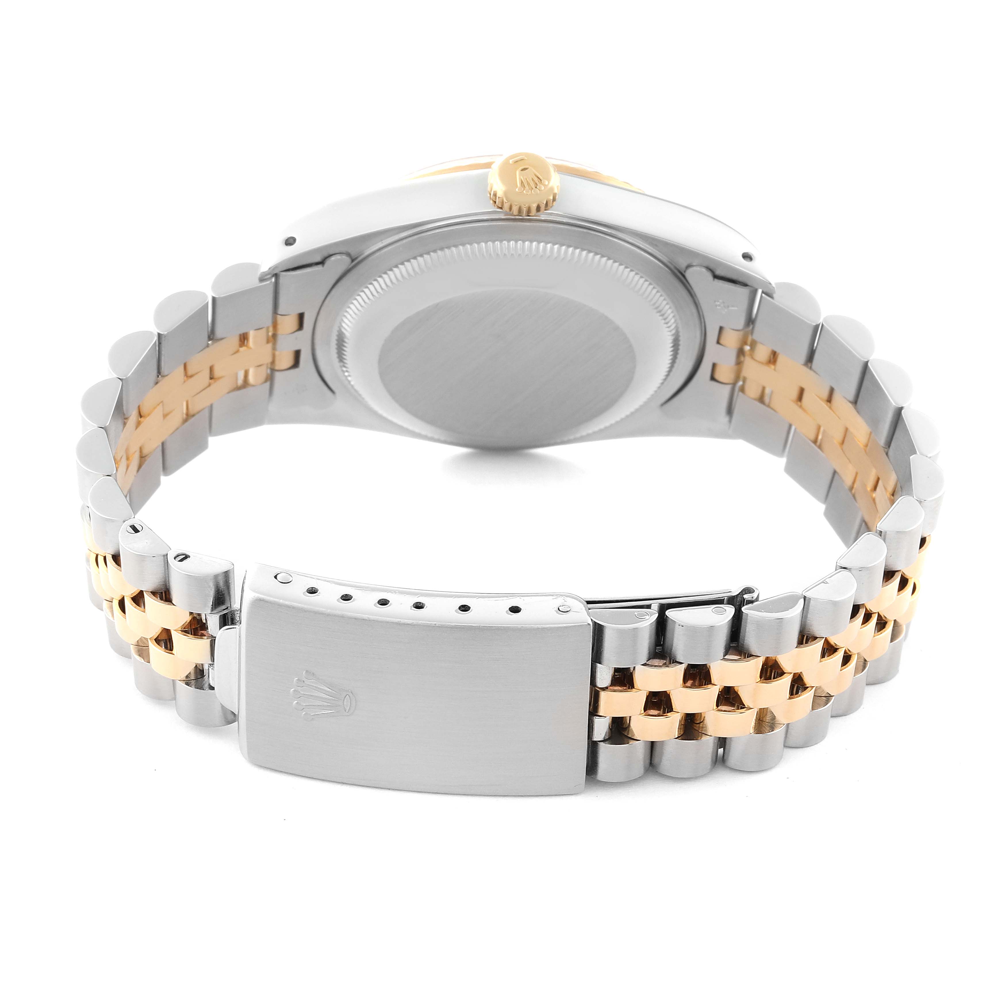 This image shows the back and bracelet clasp of a Rolex Datejust 16233 Men's Steel and Gold (two tone) Grey Dial 16233 Men's Steel and Gold (two tone) Grey Dial watch, featuring a two-tone metal design.
