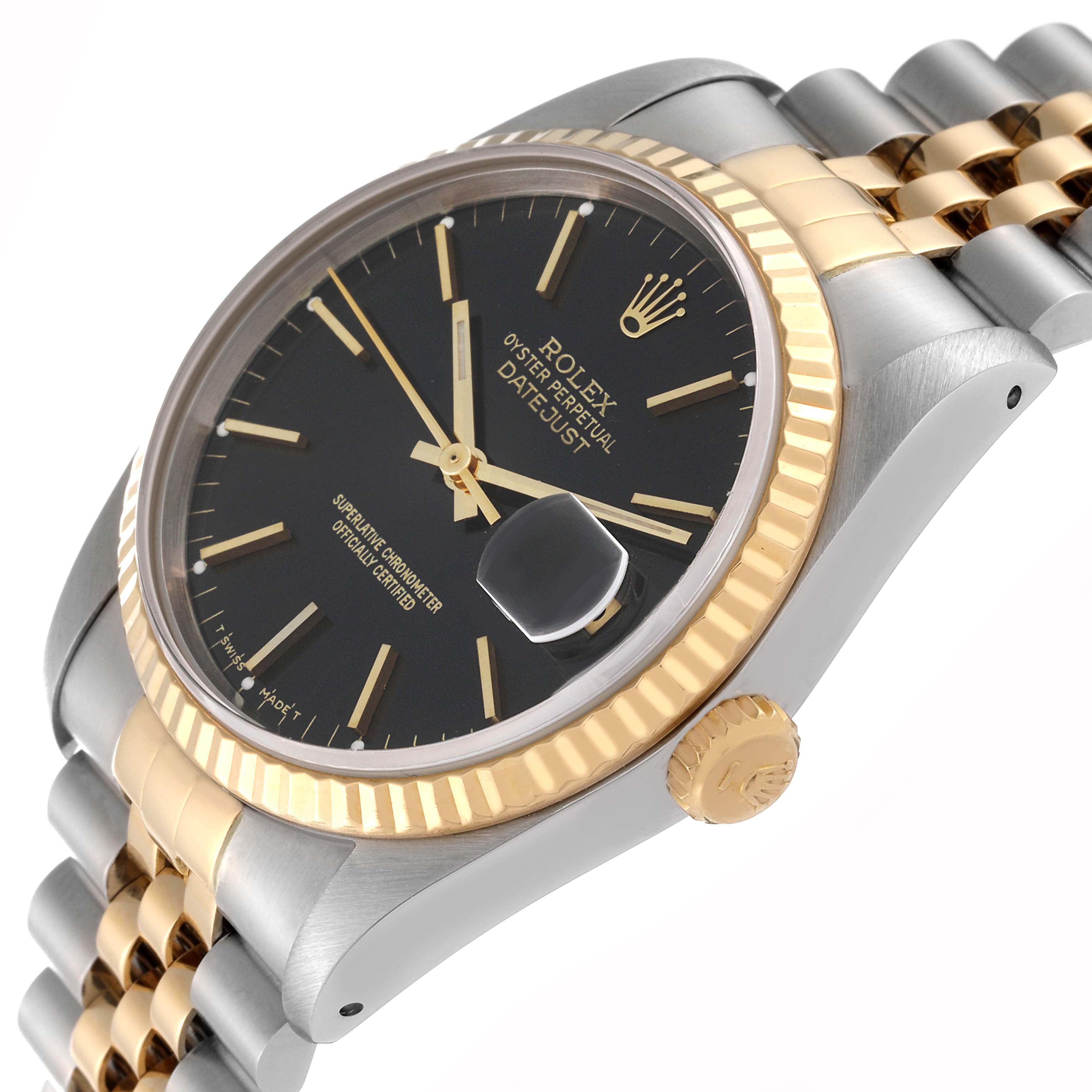 This image shows a Rolex Datejust 16233 Men's Steel and Gold (two tone) Grey Dial 16233 Men's Steel and Gold (two tone) Grey Dial watch at a slight angle highlighting the dial, bezel, crown, and a portion of the bracelet.
