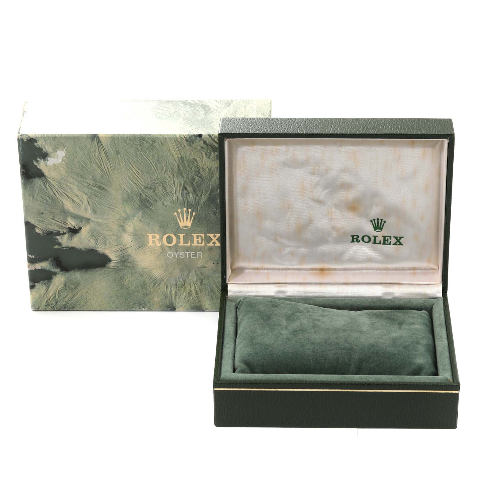 This image shows a Rolex Datejust 16233 Men's Steel and Gold (two tone) Grey Dial 16233 Men's Steel and Gold (two tone) Grey Dial watch box and outer box, both open, with interior cushions visible.