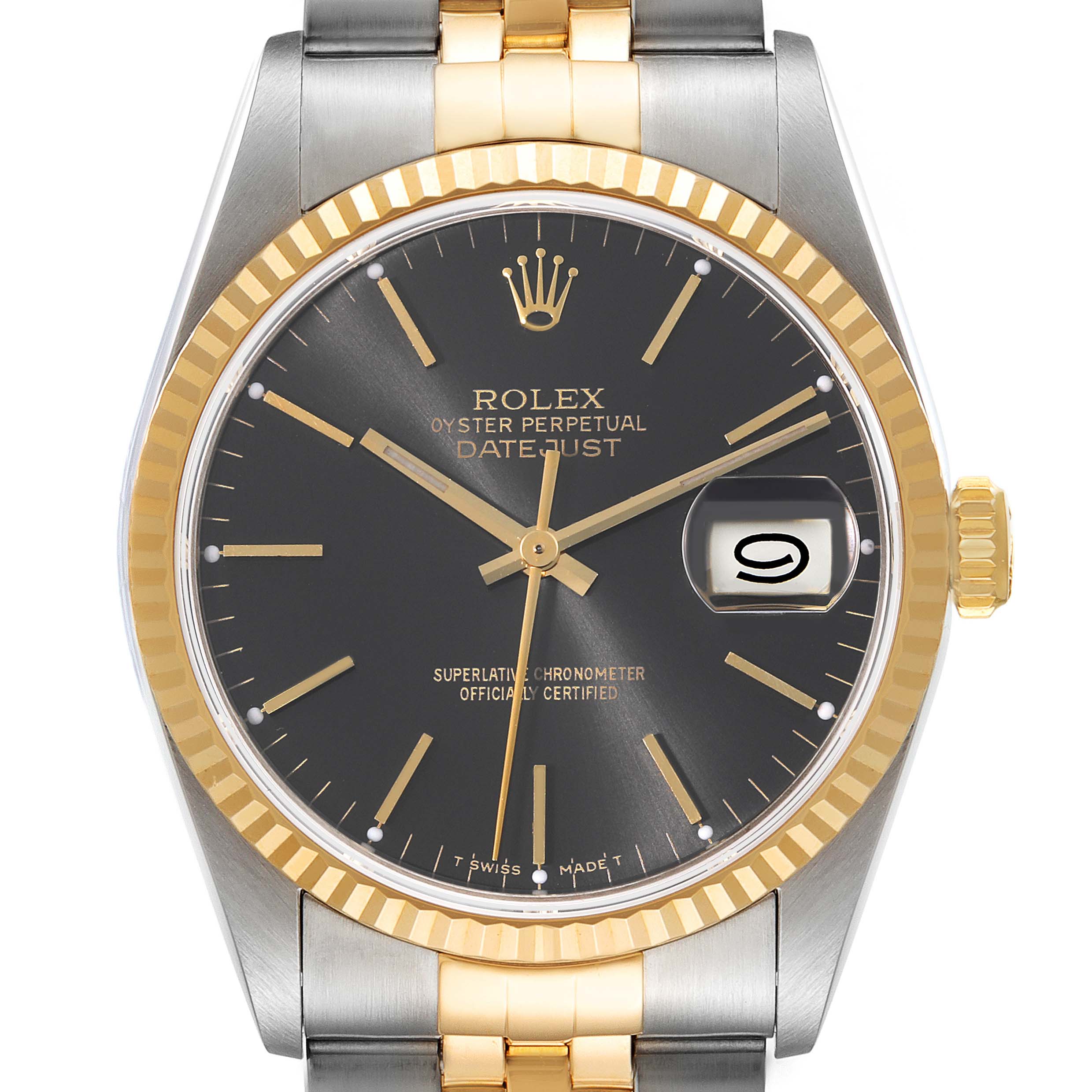 The image shows a Rolex Datejust 16233 Men's Steel and Gold (two tone) Grey Dial 16233 Men's Steel and Gold (two tone) Grey Dial watch from a frontal angle, highlighting the dial, bezel, and partial bracelet.