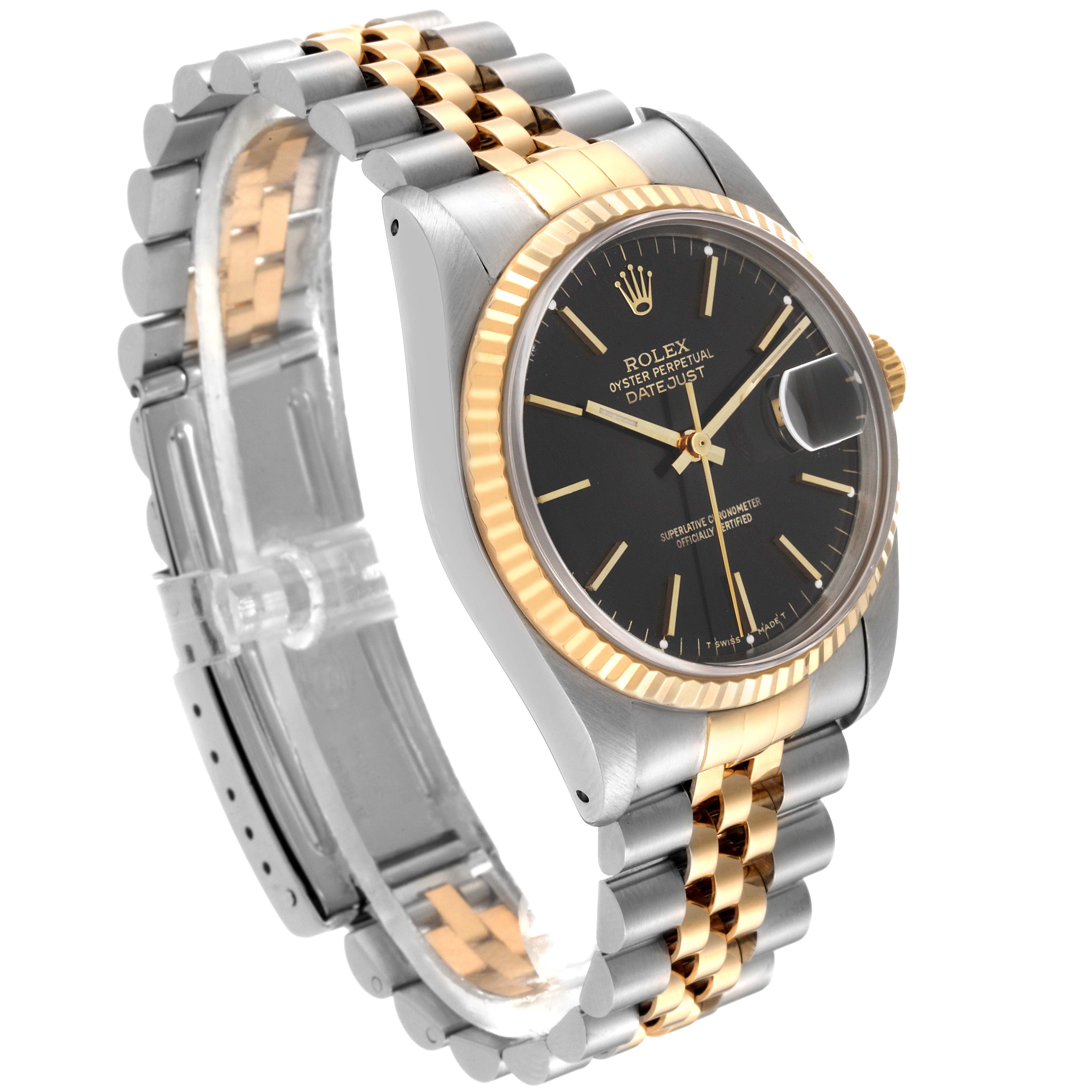 This image shows a Rolex Datejust 16233 Men's Steel and Gold (two tone) Grey Dial 16233 Men's Steel and Gold (two tone) Grey Dial watch from a front-side angle, highlighting the dial, bezel, crown, and two-tone bracelet.