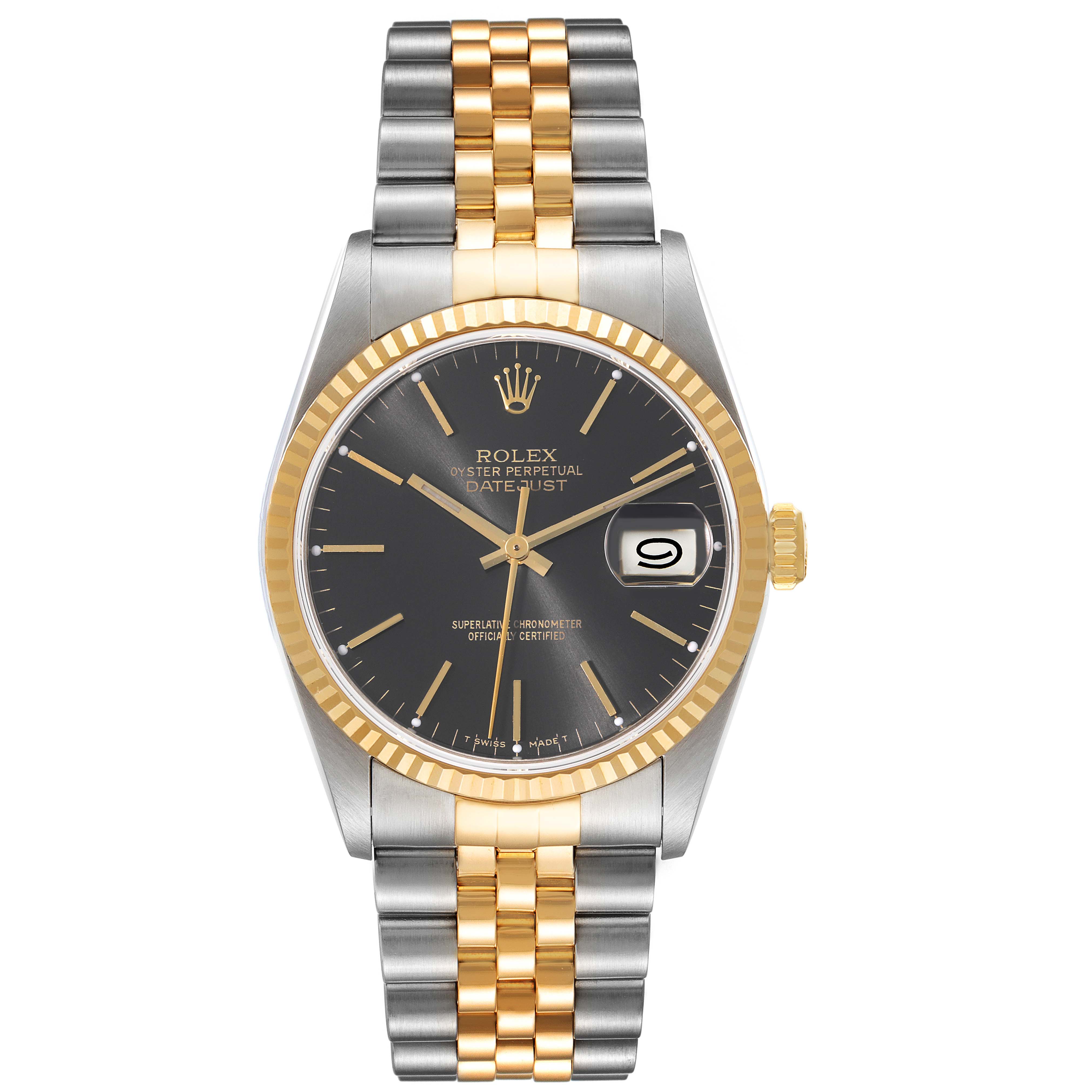 The image shows a front view of a Rolex Datejust 16233 Men's Steel and Gold (two tone) Grey Dial 16233 Men's Steel and Gold (two tone) Grey Dial watch, featuring a two-tone bracelet and a black dial with a date window.
