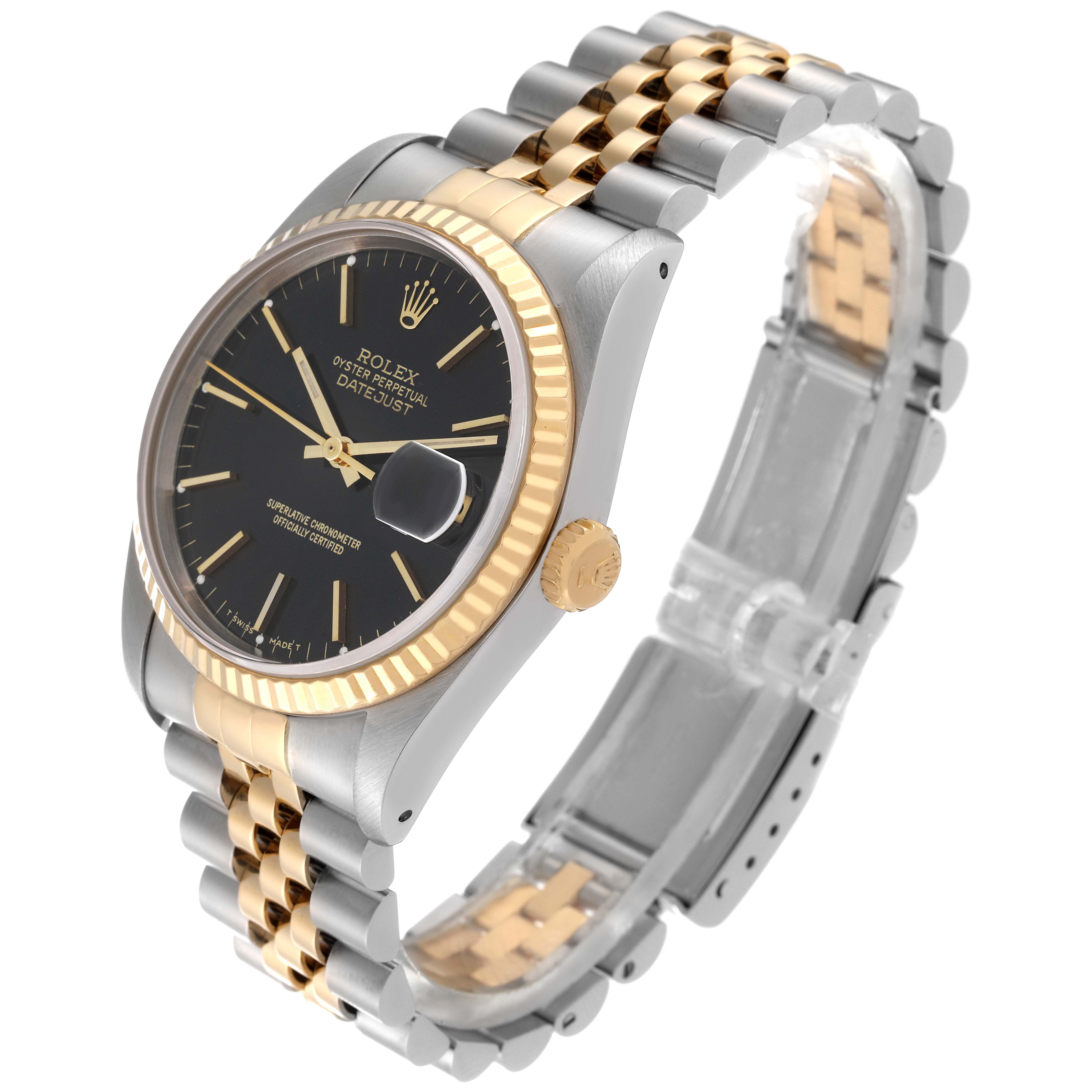 This image shows a side angle view of a Rolex Datejust 16233 Men's Steel and Gold (two tone) Grey Dial 16233 Men's Steel and Gold (two tone) Grey Dial model watch, highlighting its gold and silver bracelet and black dial.