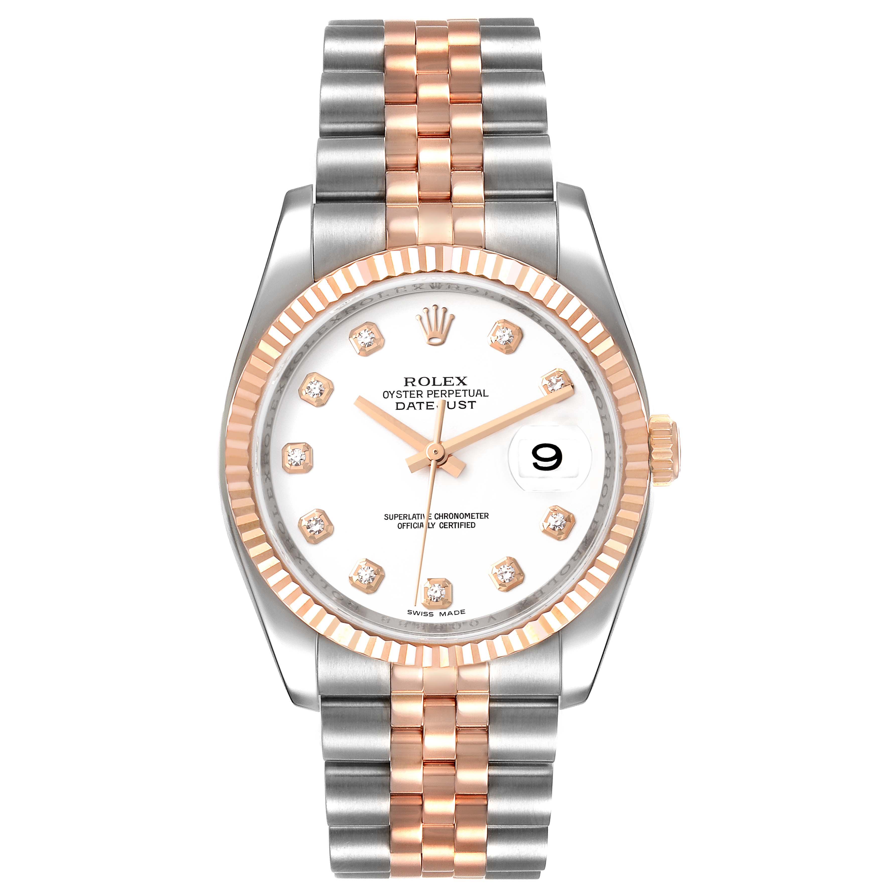 This image shows a front view of the Rolex Datejust 116231 Men's Steel and Gold (two tone) White Dial 116231 Men's Steel and Gold (two tone) White Dial model, including its dial, fluted bezel, and two-tone bracelet.