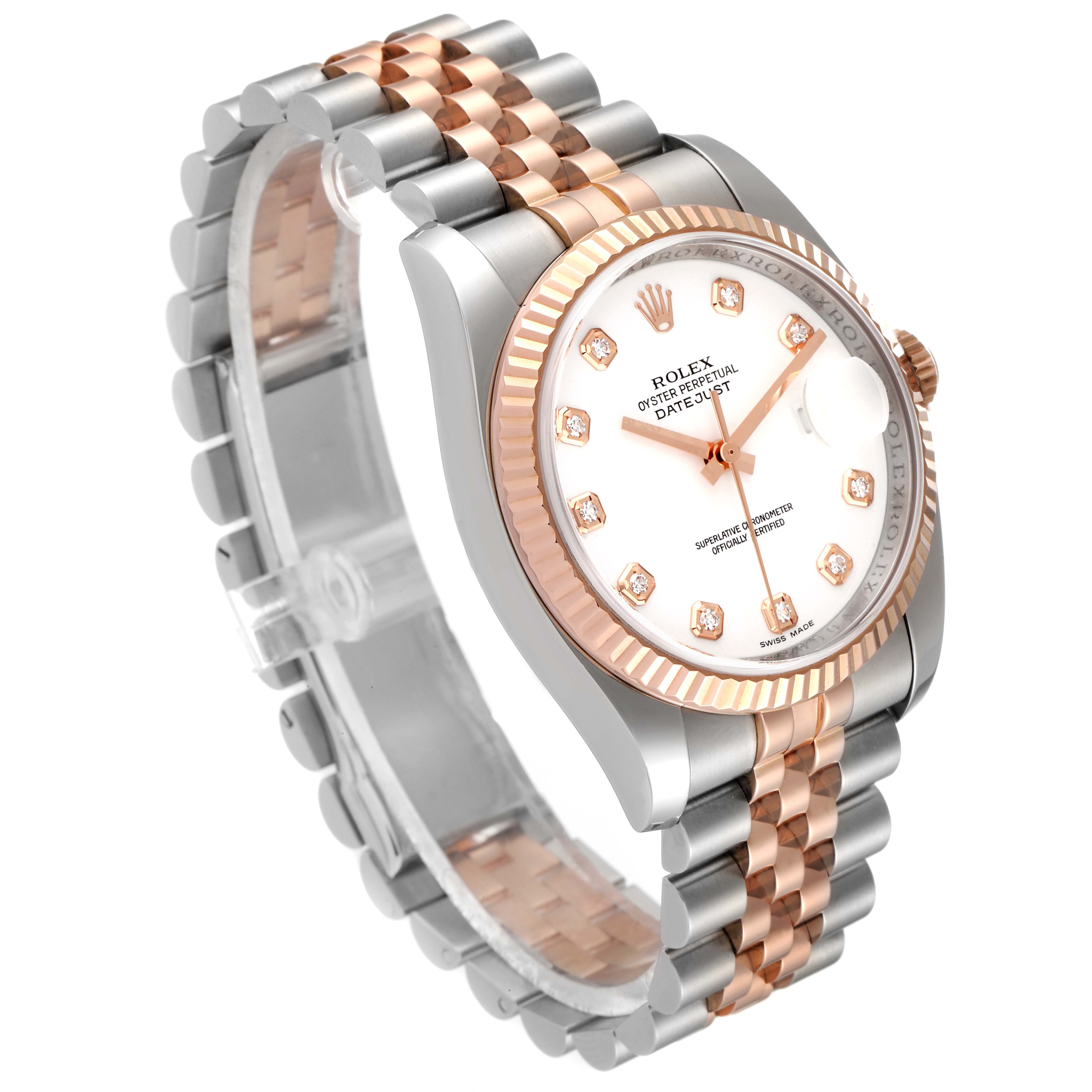 The image shows a Rolex Datejust 116231 Men's Steel and Gold (two tone) White Dial 116231 Men's Steel and Gold (two tone) White Dial watch at a slight angle, displaying its face, bezel, and bracelet with a mix of metal tones.