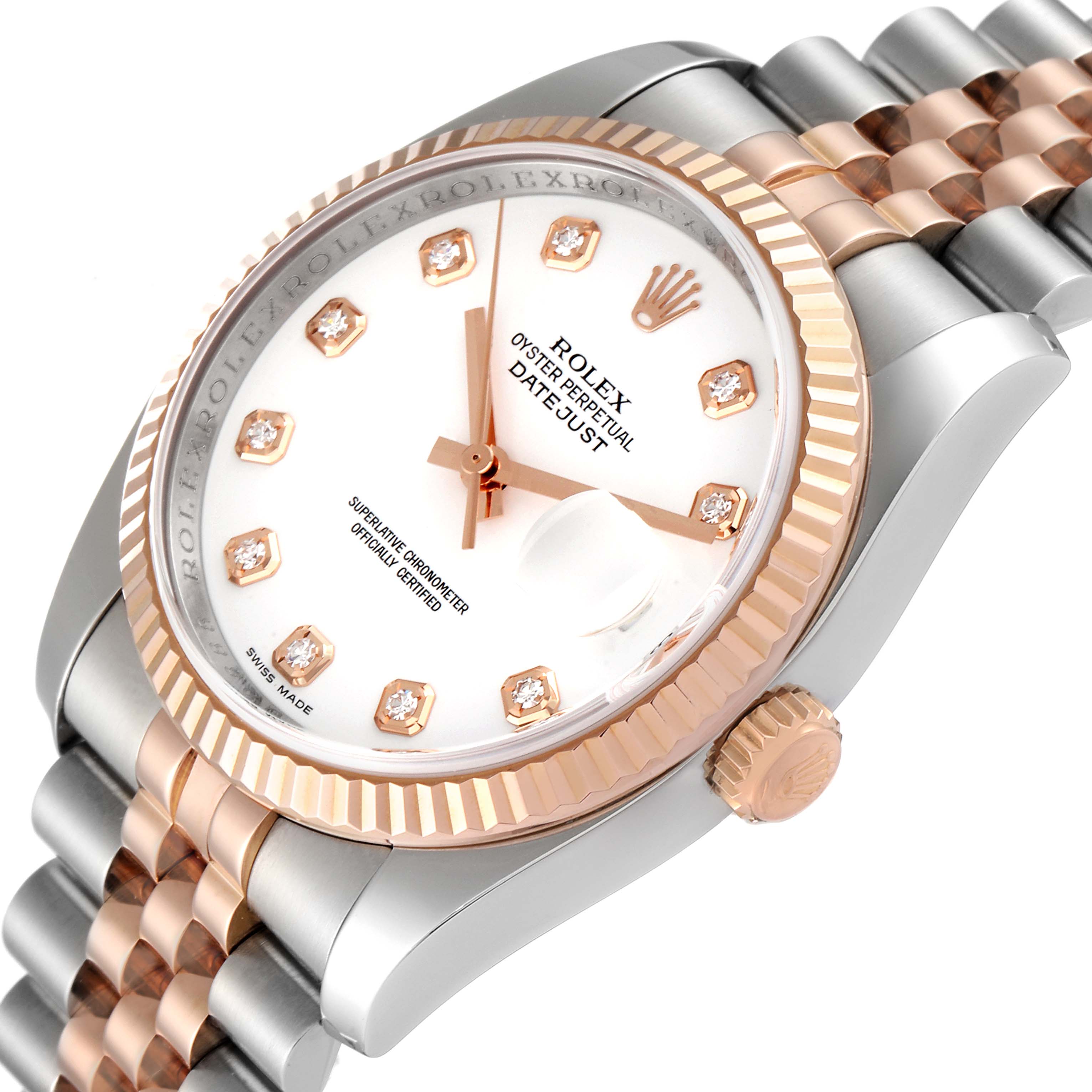 The image shows a Rolex Datejust 116231 Men's Steel and Gold (two tone) White Dial 116231 Men's Steel and Gold (two tone) White Dial watch at an angled close-up, highlighting its dial, bezel, crown, and part of the bracelet.