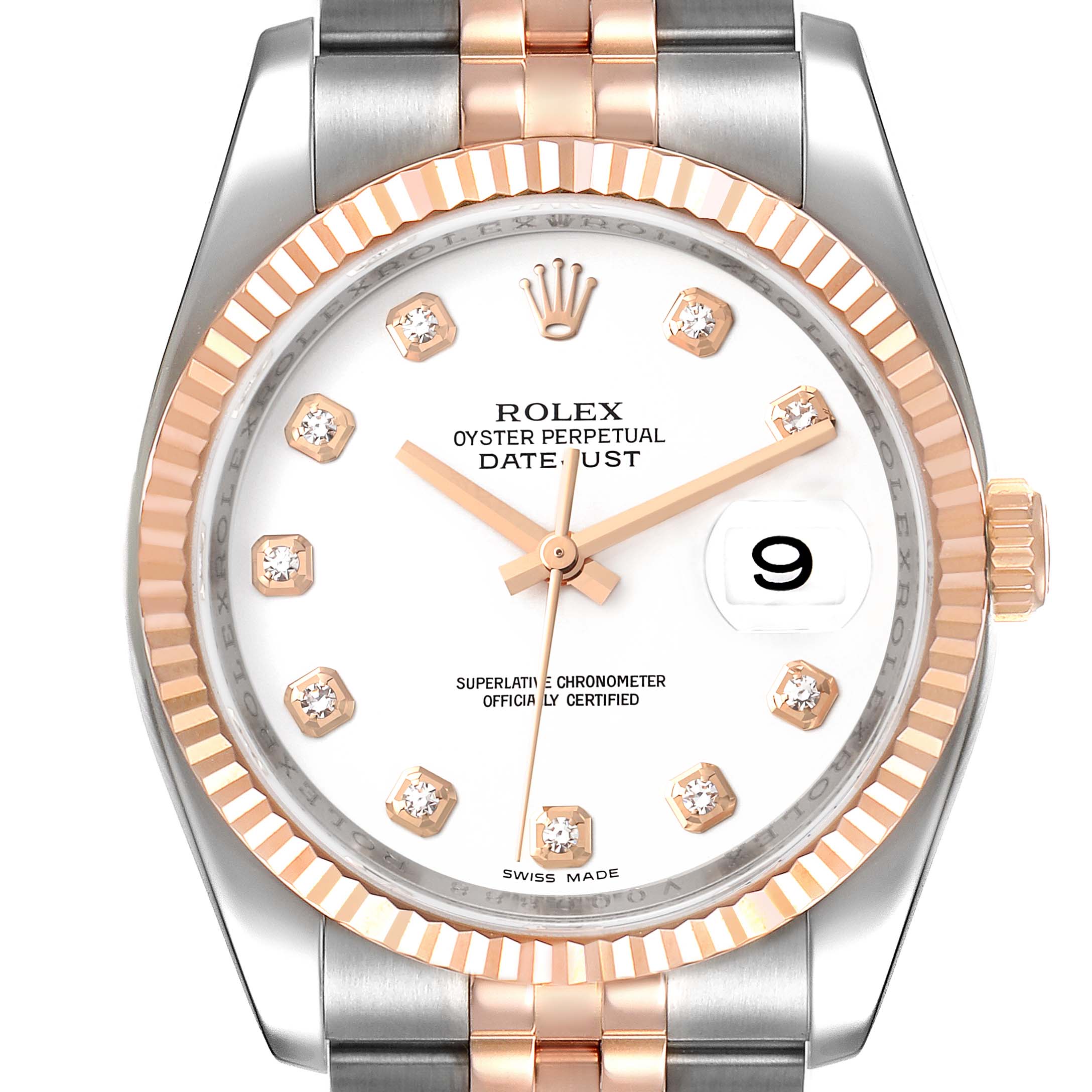 The image shows a close-up of the Rolex Datejust 116231 Men's Steel and Gold (two tone) White Dial 116231 Men's Steel and Gold (two tone) White Dial watch, highlighting its face, dial, hands, bezel, and part of the bracelet.
