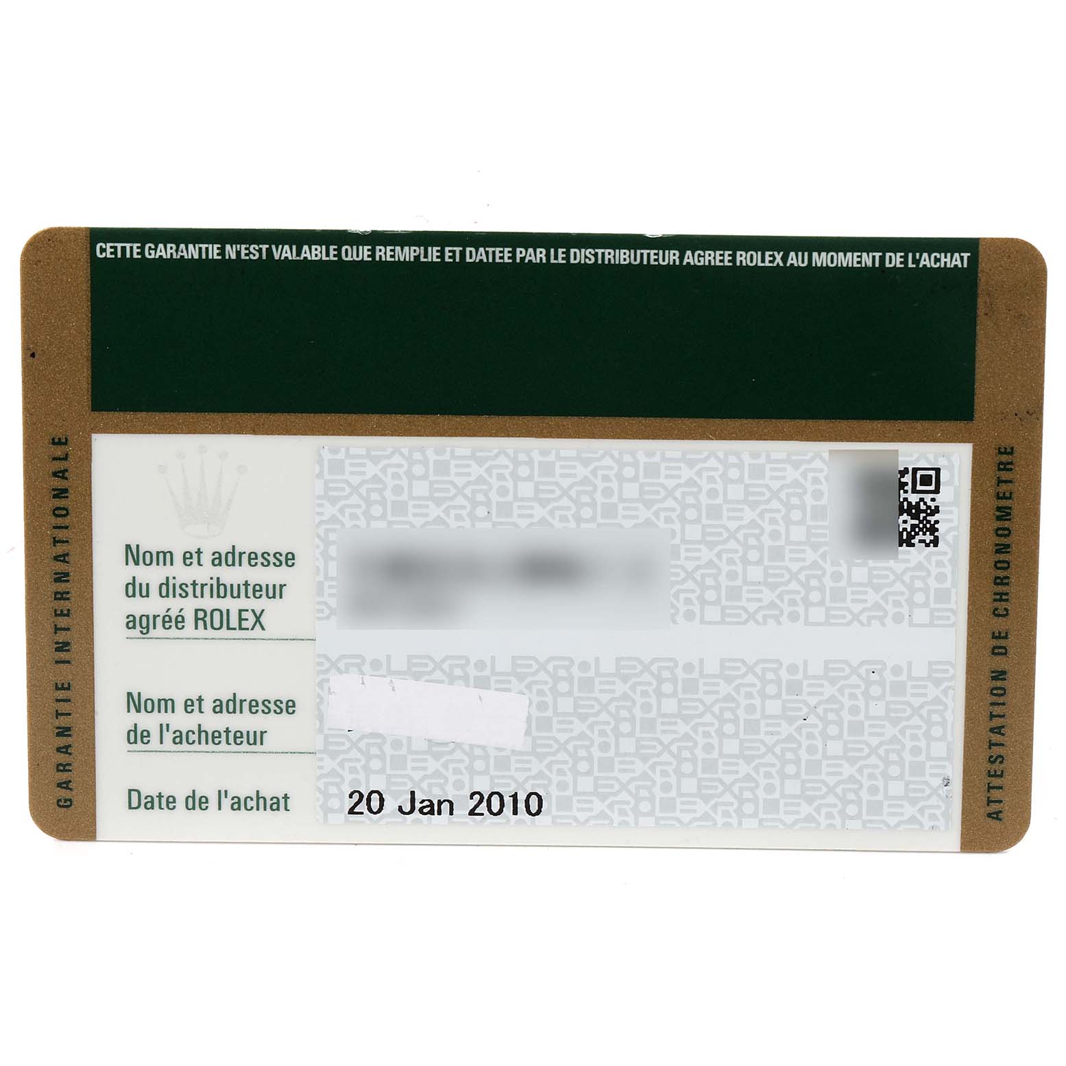 This image shows the front of a warranty card for a Rolex Datejust 116231 Men's Steel and Gold (two tone) White Dial 116231 Men's Steel and Gold (two tone) White Dial watch.