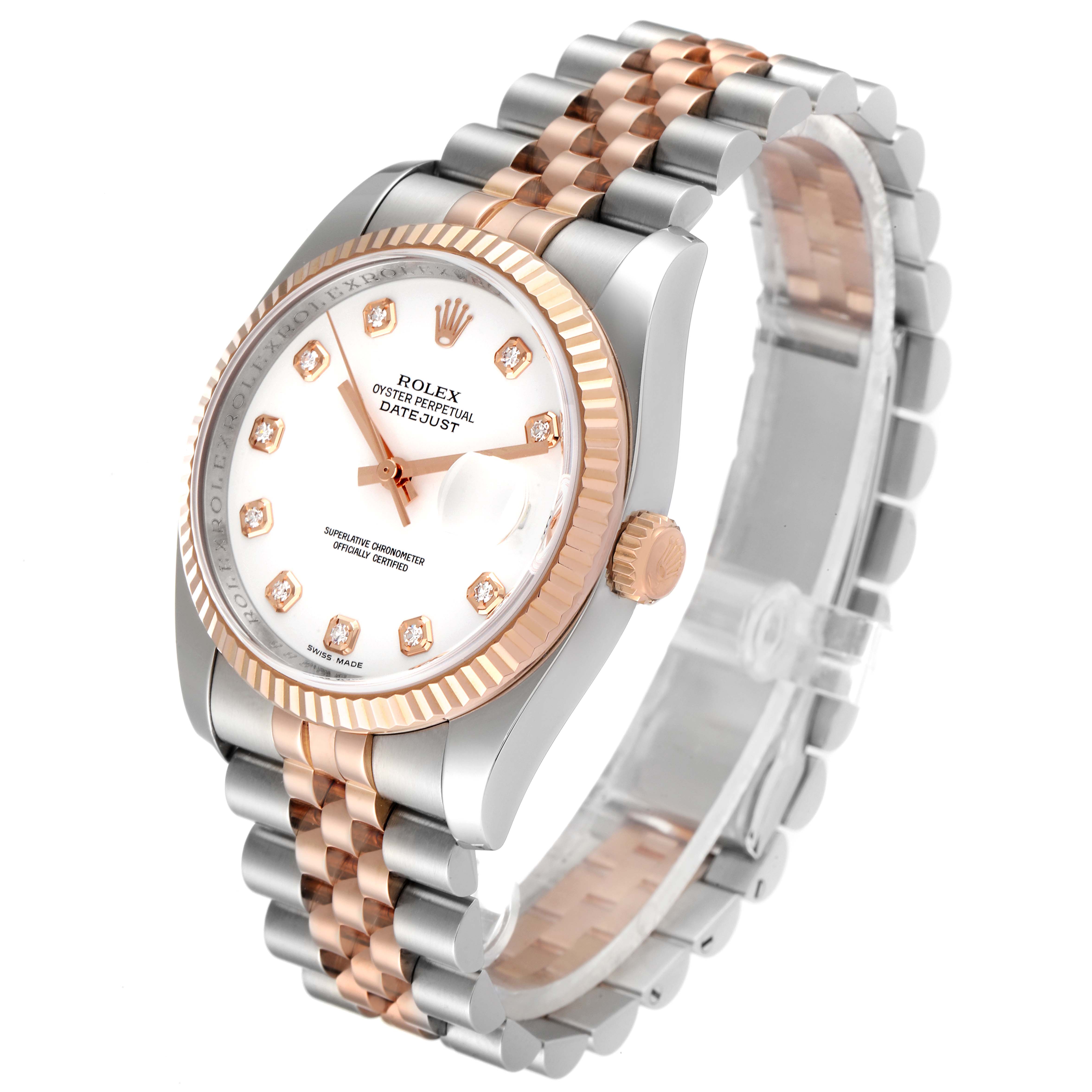 The image shows a Rolex Datejust 116231 Men's Steel and Gold (two tone) White Dial 116231 Men's Steel and Gold (two tone) White Dial watch at a three-quarter angle, highlighting its dial, bezel, crown, and bracelet.