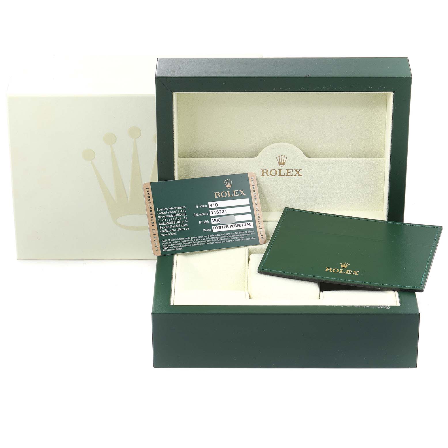 The image shows the packaging of a Rolex Datejust 116231 Men's Steel and Gold (two tone) White Dial 116231 Men's Steel and Gold (two tone) White Dial, including the box, warranty card, and cardholder.