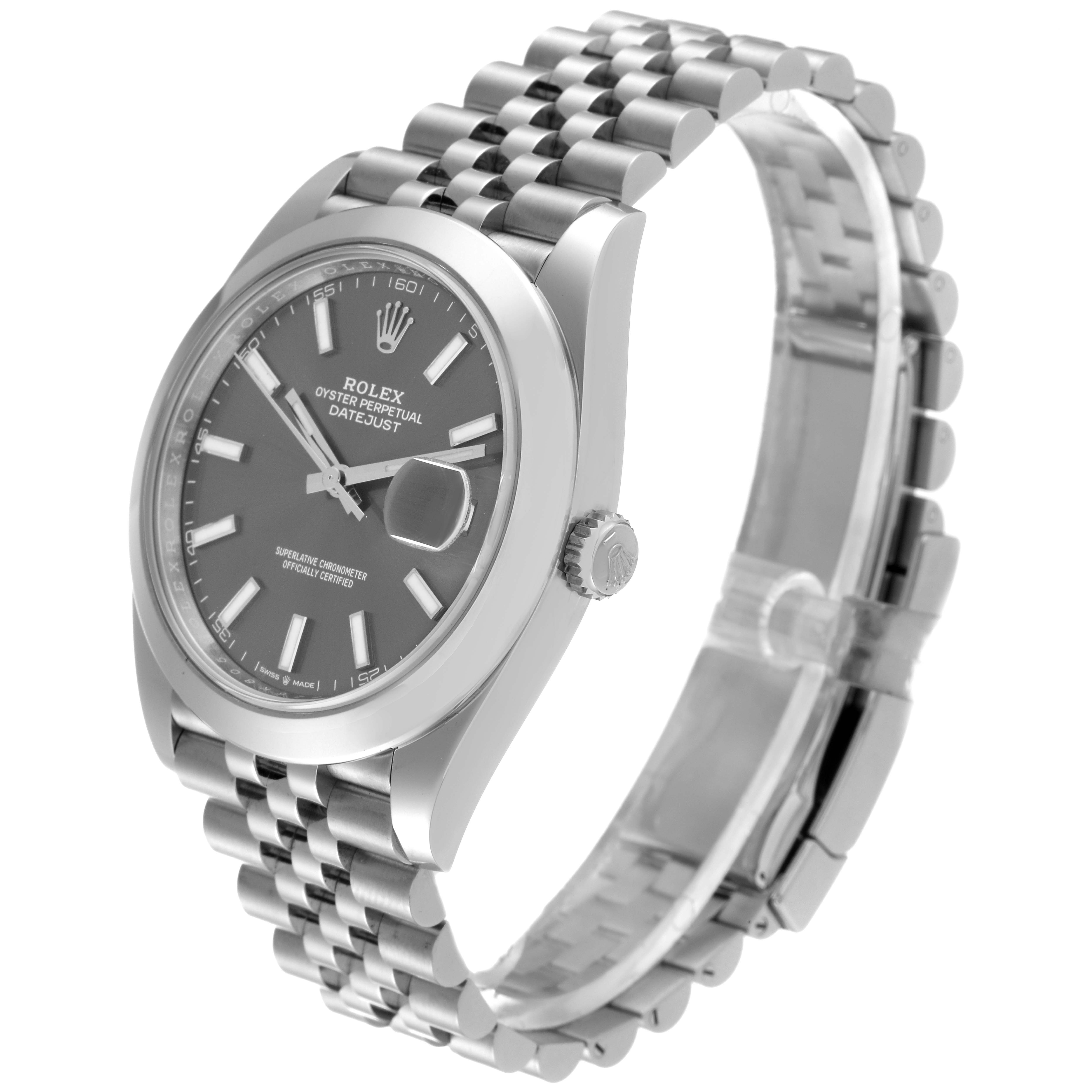 This Rolex Datejust 41 126300 Men
s Stainless Steel Grey Dial 126300 Men
s Stainless Steel Grey Dial model is shown at a three-quarter angle, displaying the face, bezel, crown, and Jubilee bracelet.