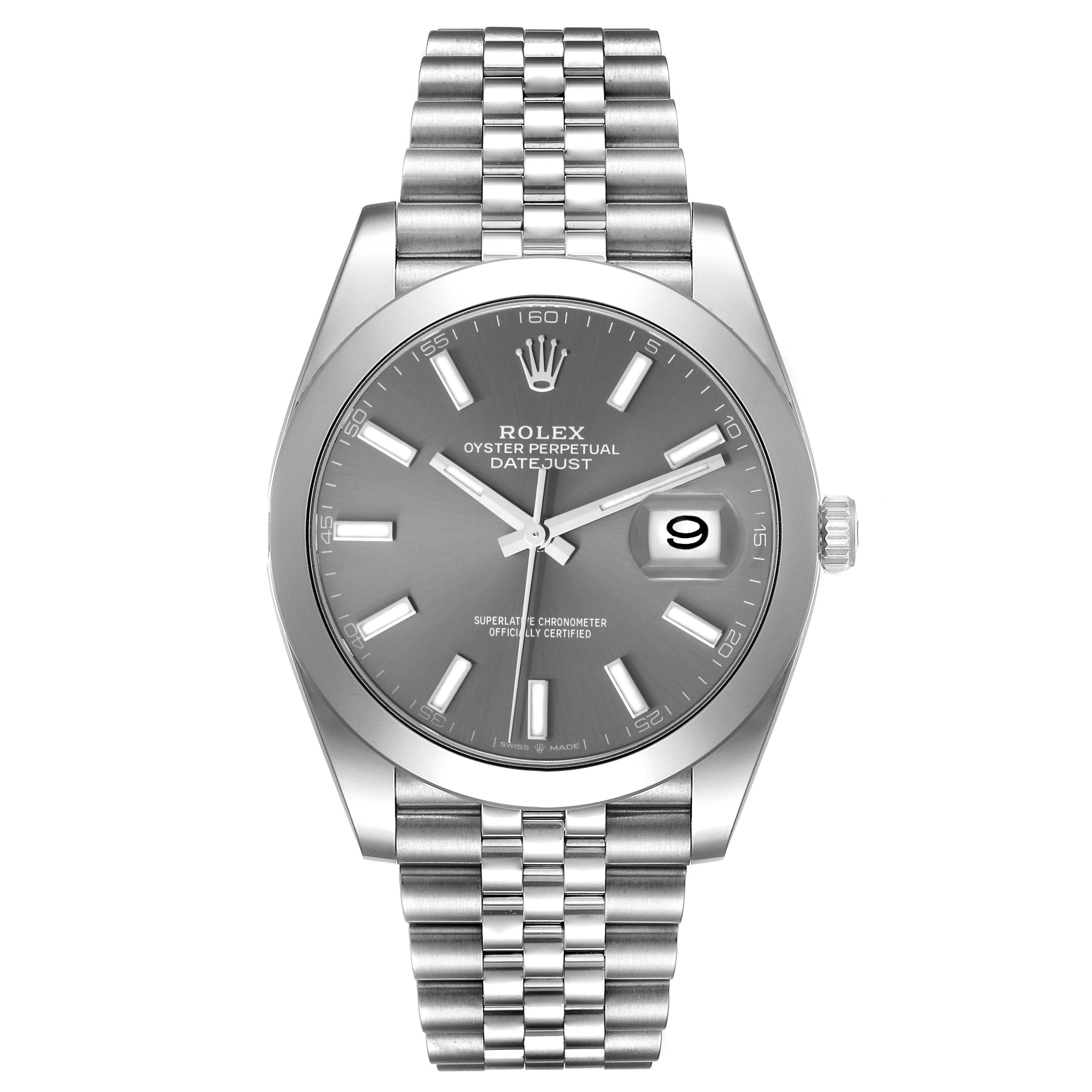 The image shows a Rolex Datejust 41 126300 Men
s Stainless Steel Grey Dial 126300 Men
s Stainless Steel Grey Dial watch from the front, highlighting the face, hour markers, date window, and Jubilee bracelet.
